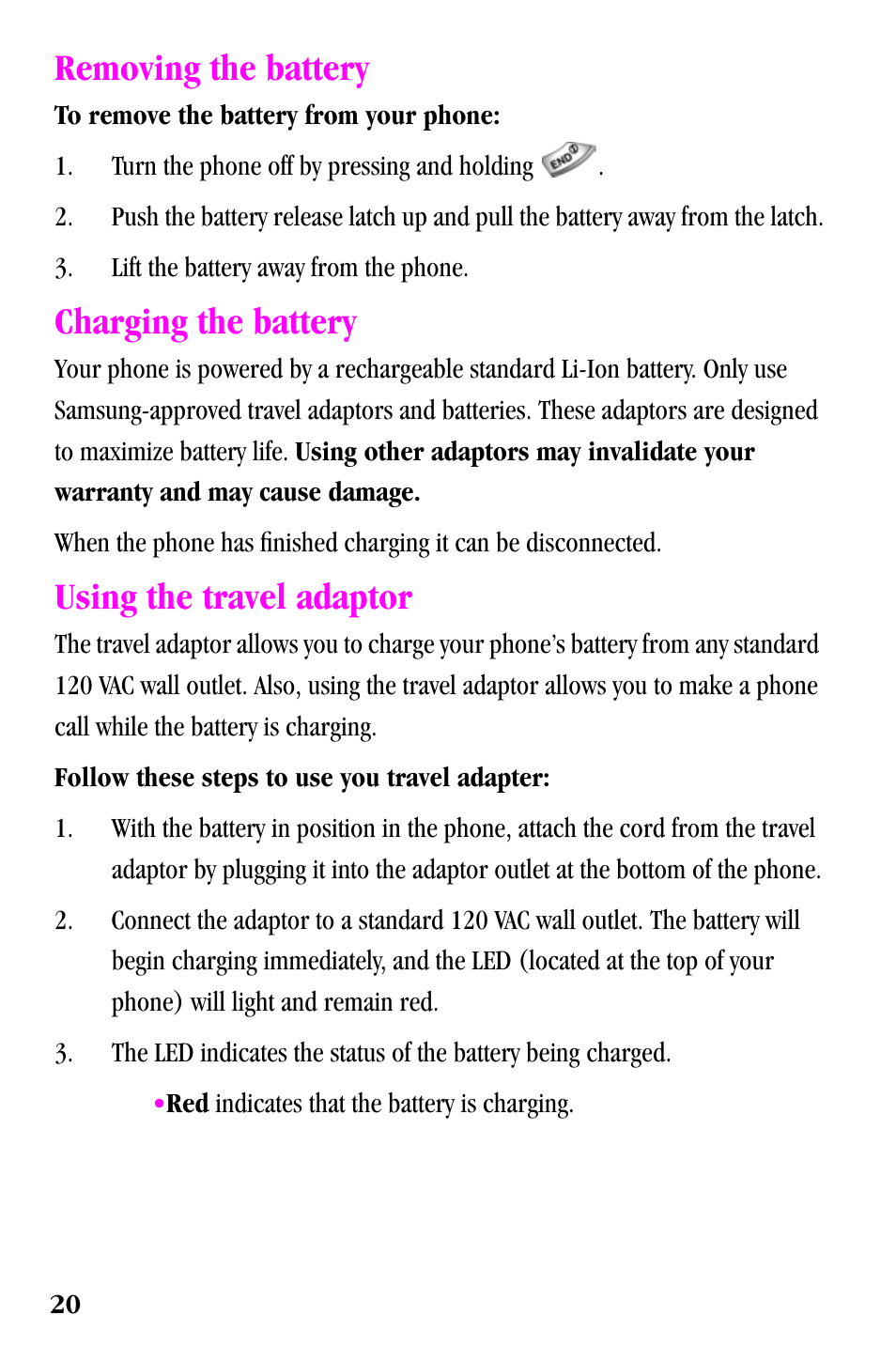 Removing the battery, Charging the battery, Using the travel adaptor | Samsung SPH-a500 Series User Manual | Page 20 / 109