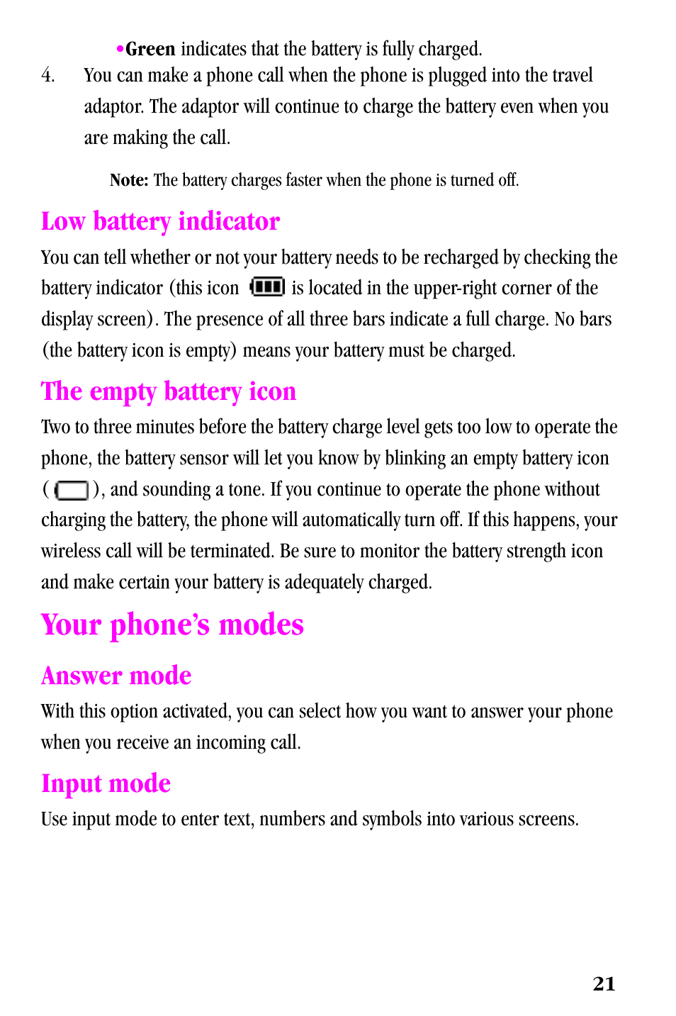 Your phone’s modes, Low battery indicator, The empty battery icon | Answer mode, Input mode | Samsung SPH-a500 Series User Manual | Page 21 / 109