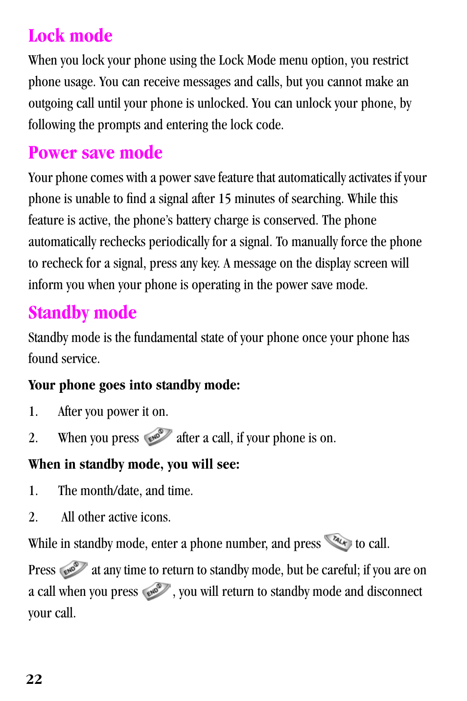 Lock mode, Power save mode, Standby mode | Samsung SPH-a500 Series User Manual | Page 22 / 109