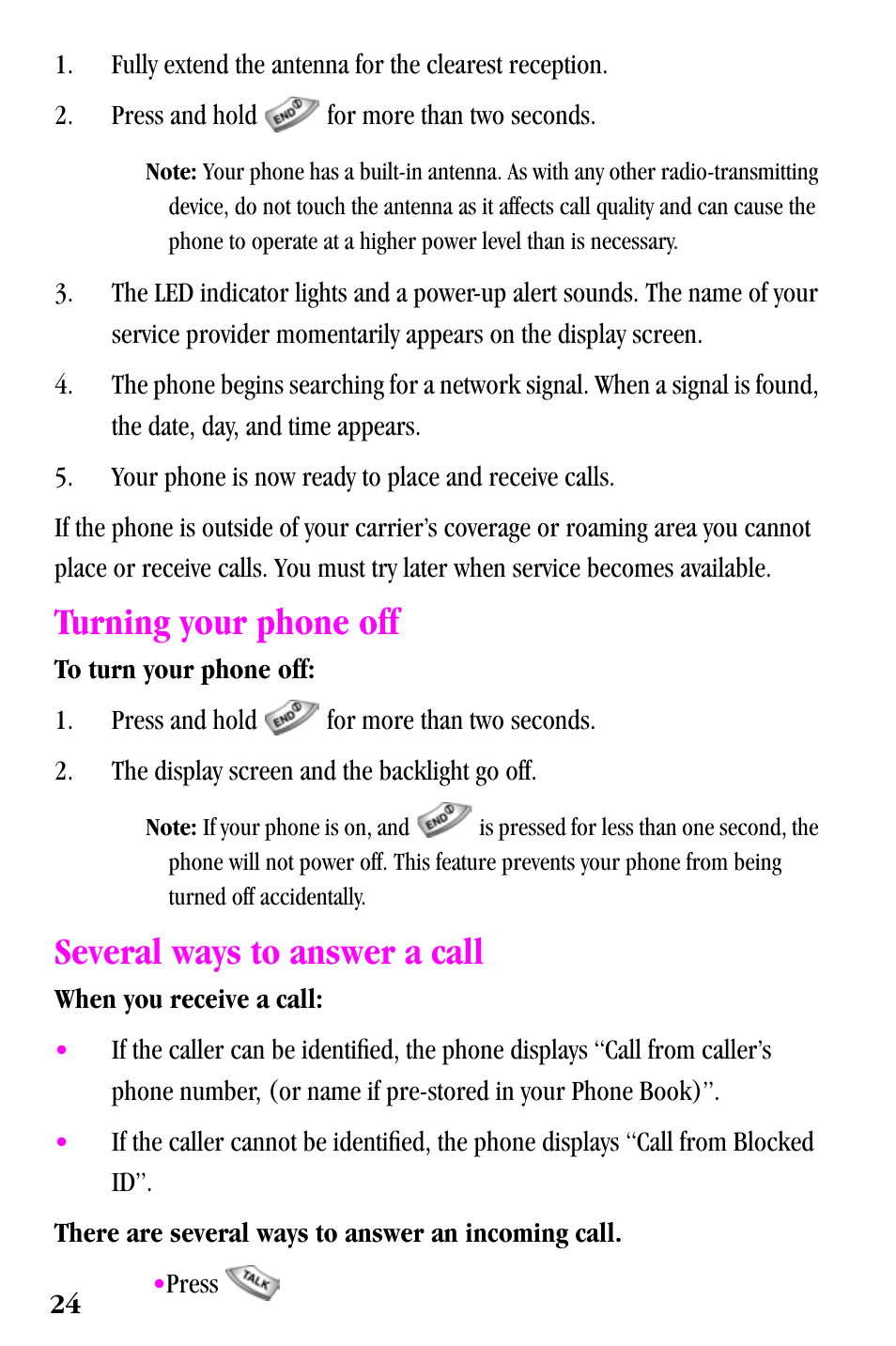 Turning your phone off, Several ways to answer a call | Samsung SPH-a500 Series User Manual | Page 24 / 109