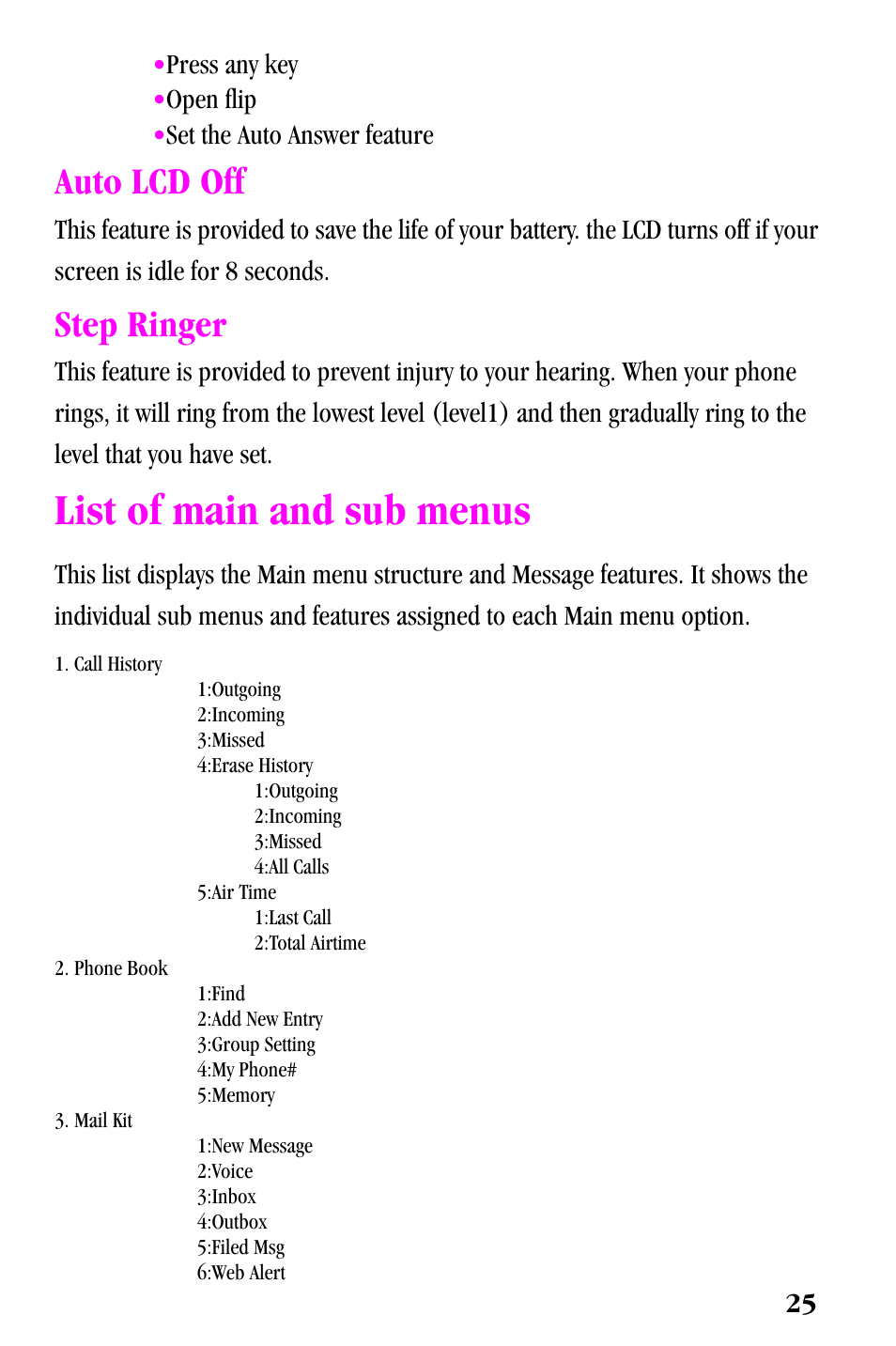 List of main and sub menus, Auto lcd off, Step ringer | Samsung SPH-a500 Series User Manual | Page 25 / 109