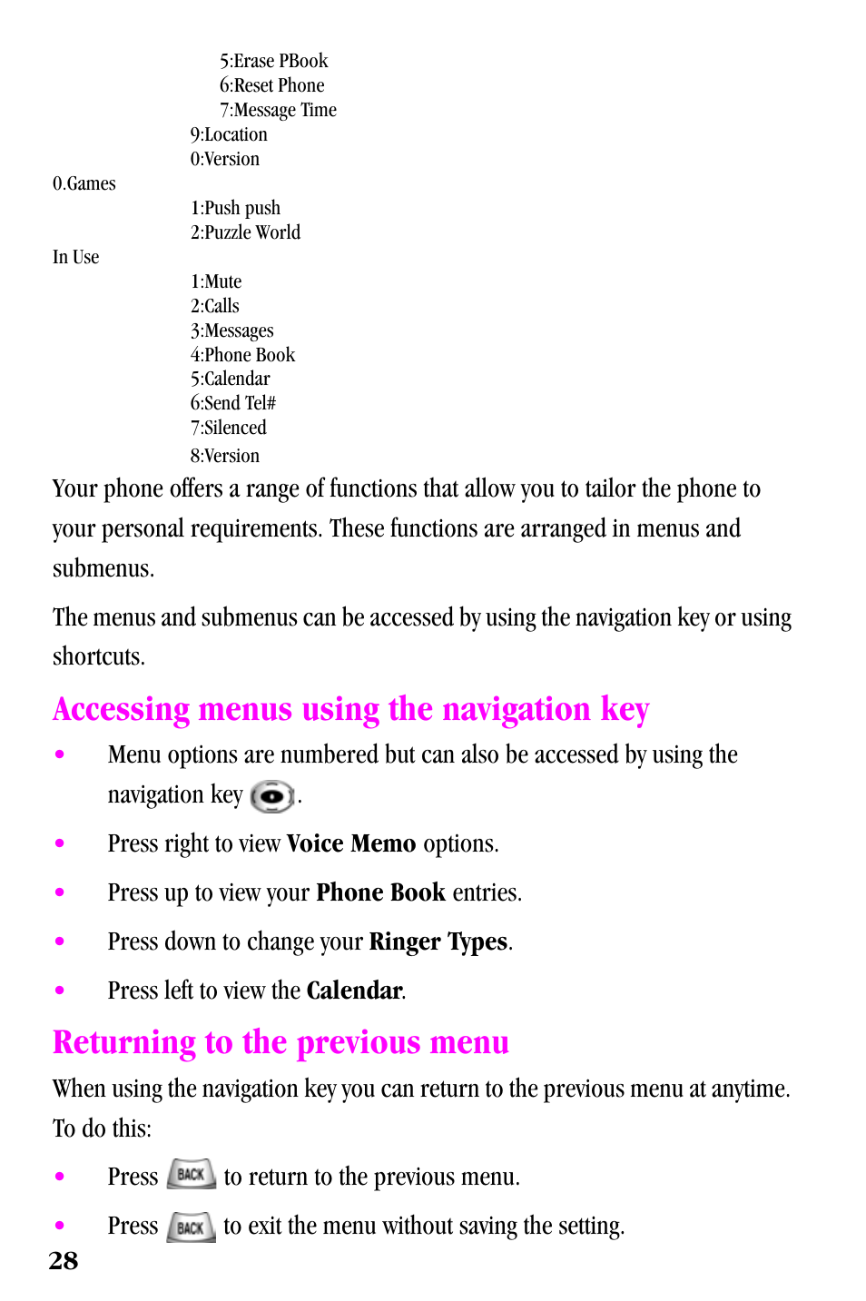 Accessing menus using the navigation key, Returning to the previous menu | Samsung SPH-a500 Series User Manual | Page 28 / 109