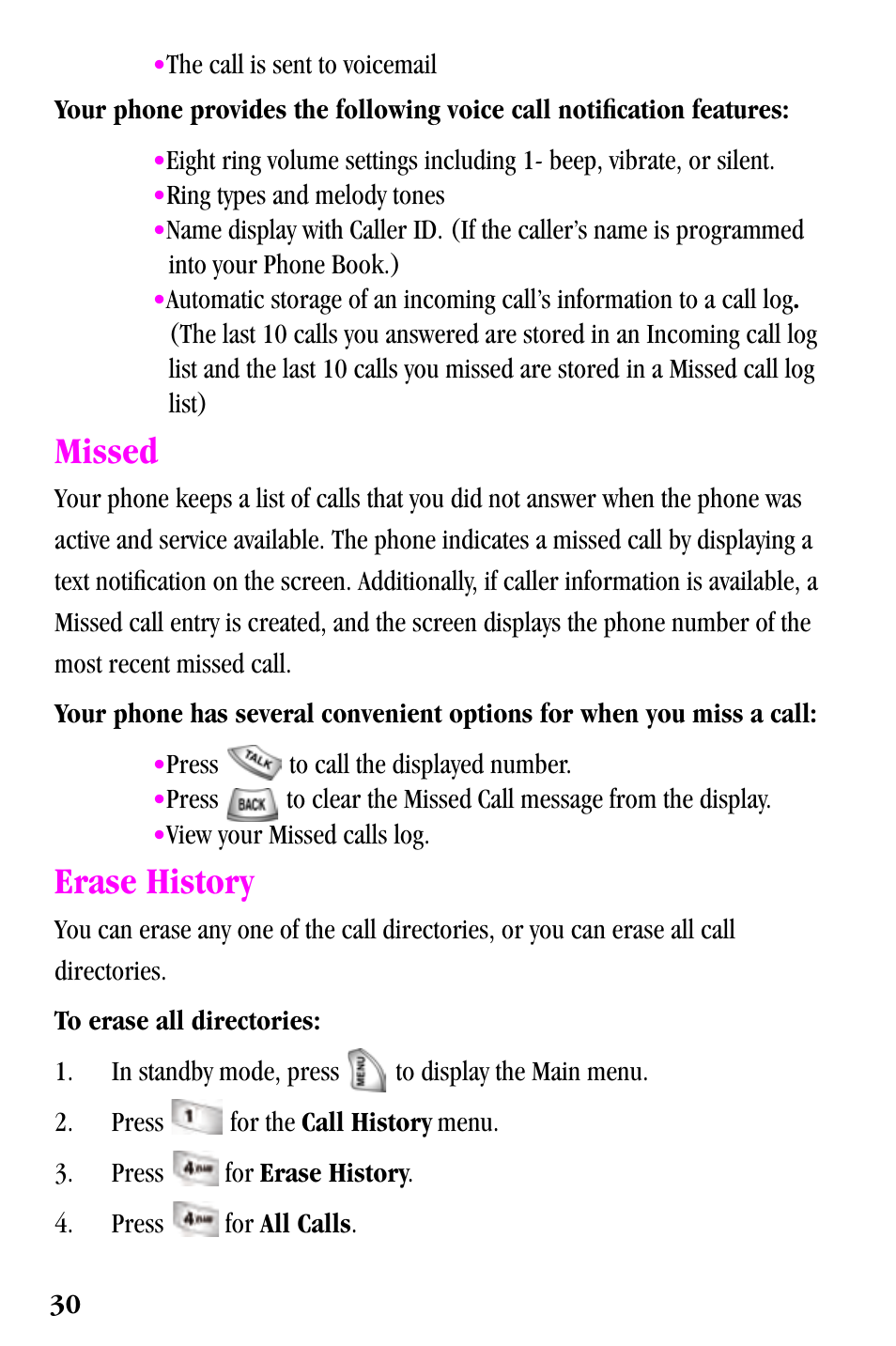 Missed, Erase history | Samsung SPH-a500 Series User Manual | Page 30 / 109