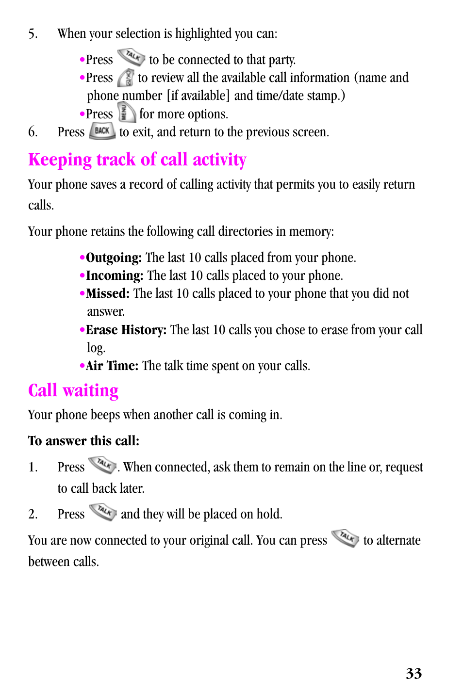 Keeping track of call activity, Call waiting | Samsung SPH-a500 Series User Manual | Page 33 / 109