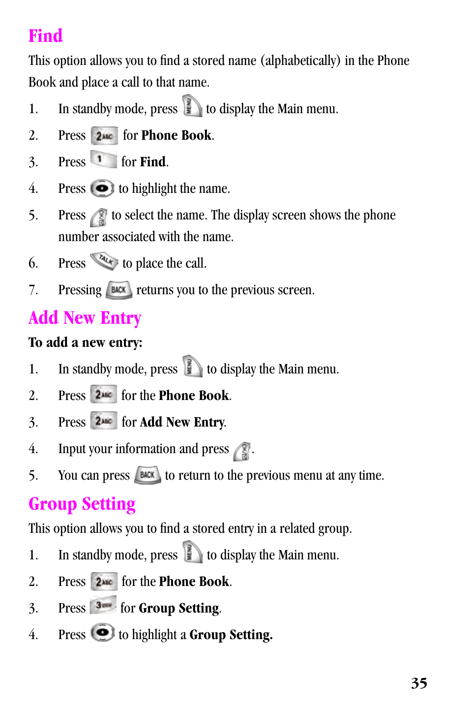 Find, Add new entry, Group setting | Samsung SPH-a500 Series User Manual | Page 35 / 109