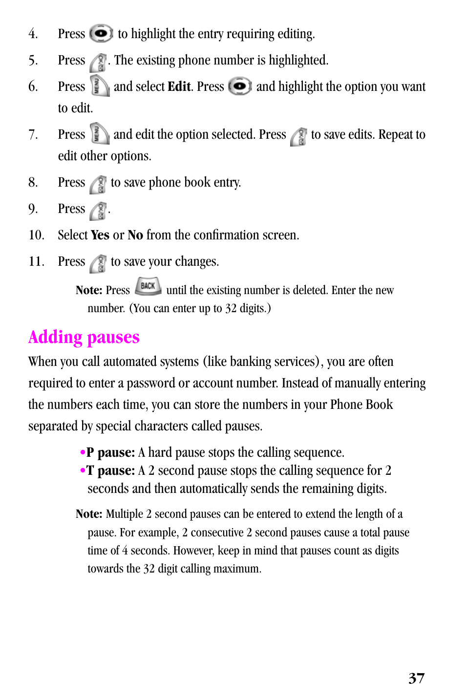 Adding pauses | Samsung SPH-a500 Series User Manual | Page 37 / 109