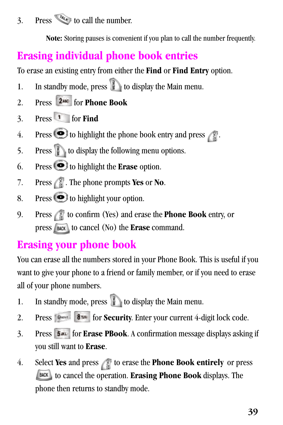 Erasing individual phone book entries, Erasing your phone book | Samsung SPH-a500 Series User Manual | Page 39 / 109