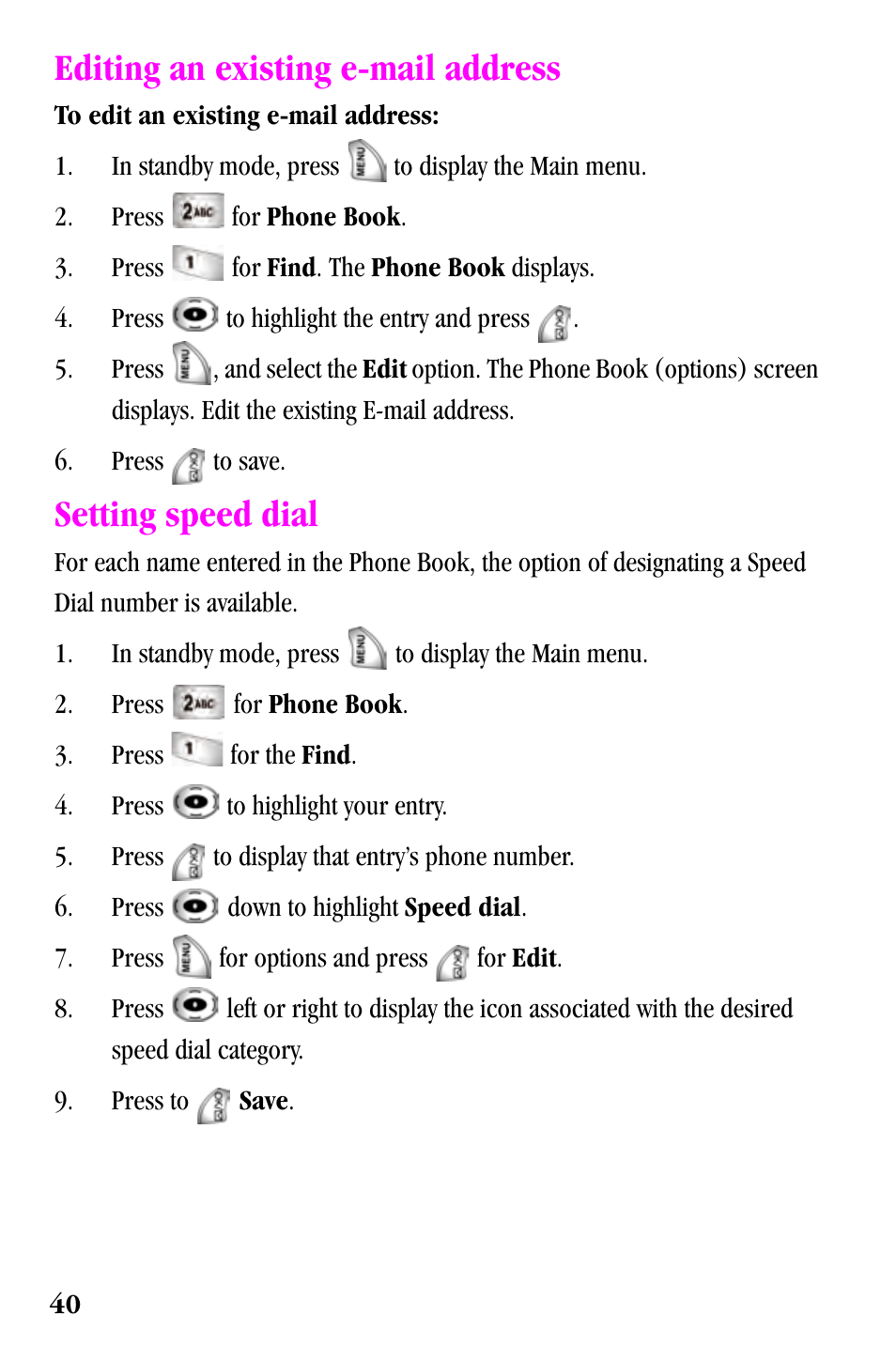 Editing an existing e-mail address, Setting speed dial | Samsung SPH-a500 Series User Manual | Page 40 / 109