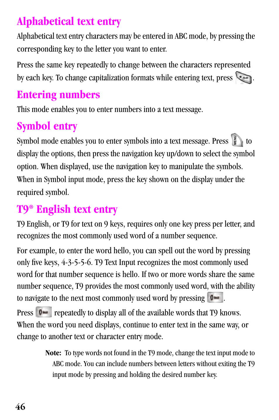 Alphabetical text entry, Entering numbers, Symbol entry | English text entry | Samsung SPH-a500 Series User Manual | Page 46 / 109