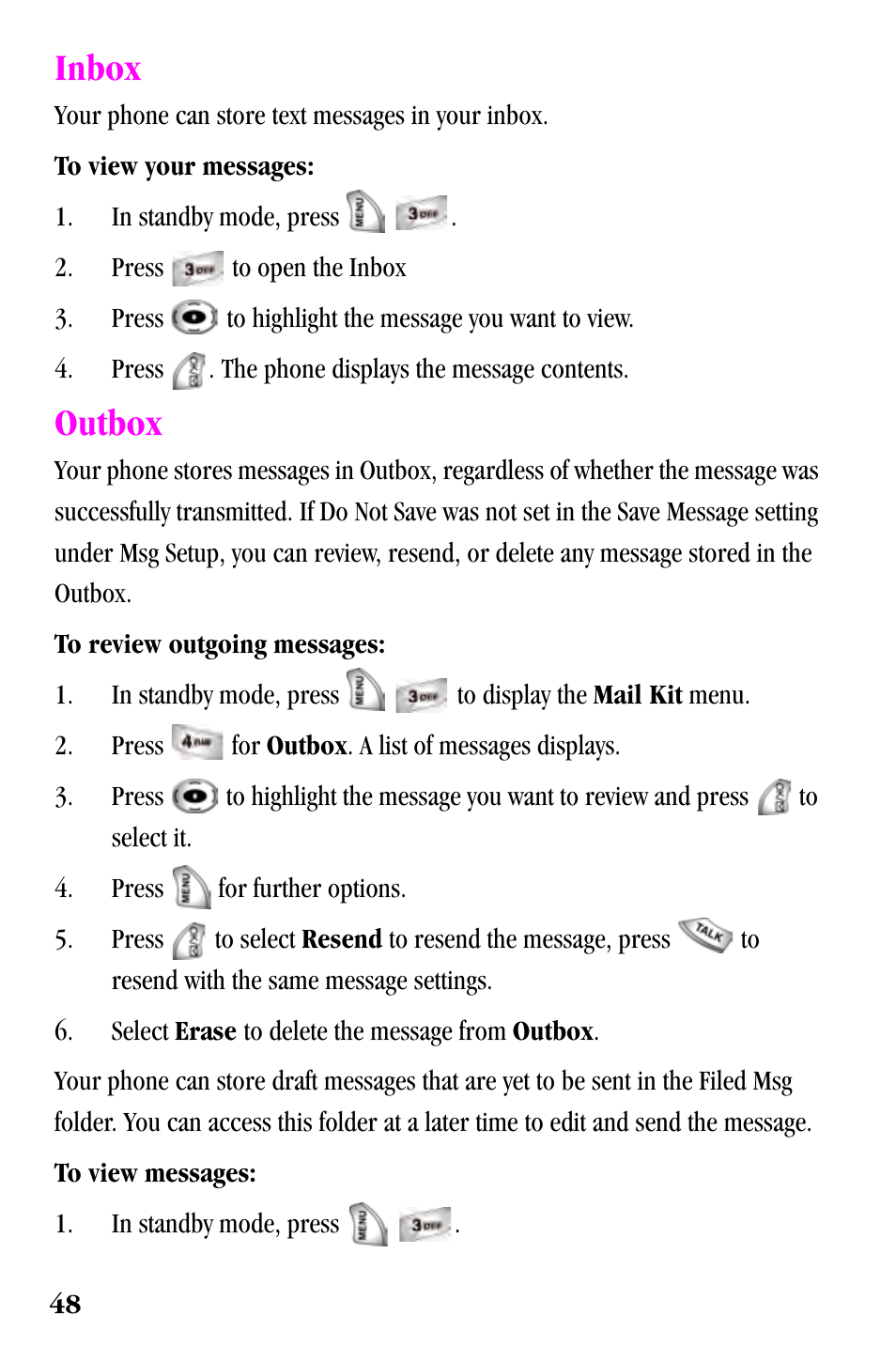 Inbox, Outbox | Samsung SPH-a500 Series User Manual | Page 48 / 109