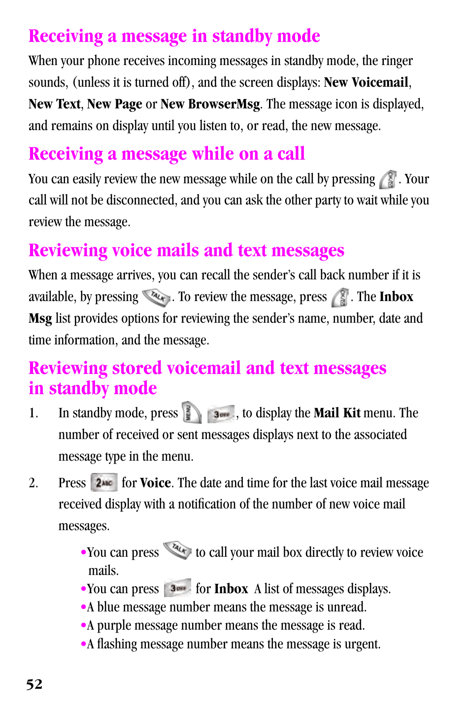 Receiving a message in standby mode, Receiving a message while on a call, Reviewing voice mails and text messages | Samsung SPH-a500 Series User Manual | Page 52 / 109