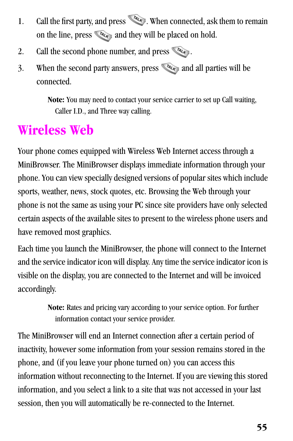 Wireless web | Samsung SPH-a500 Series User Manual | Page 55 / 109
