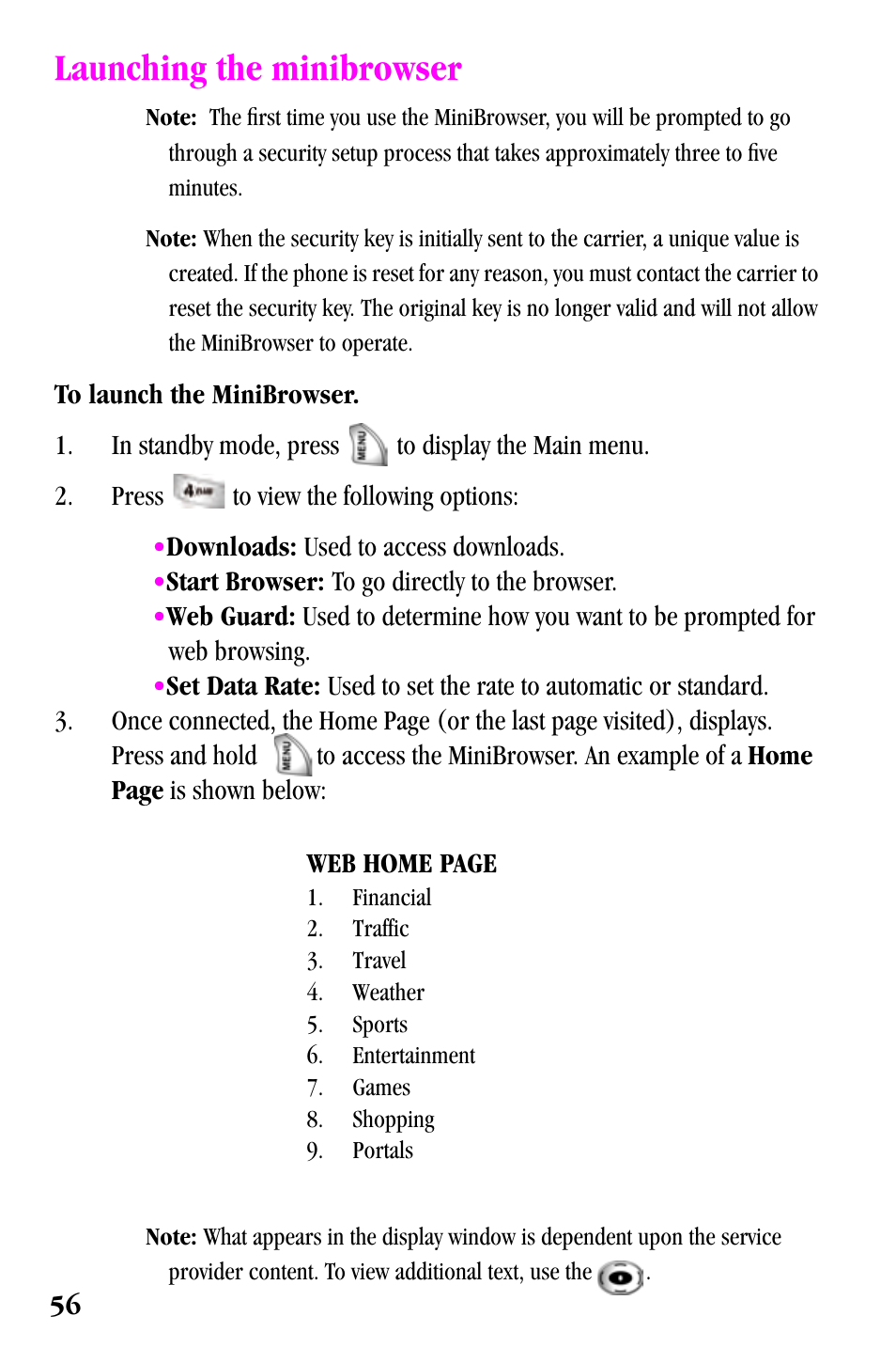 Launching the minibrowser | Samsung SPH-a500 Series User Manual | Page 56 / 109