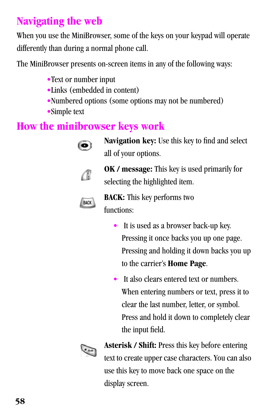 Navigating the web, How the minibrowser keys work | Samsung SPH-a500 Series User Manual | Page 58 / 109