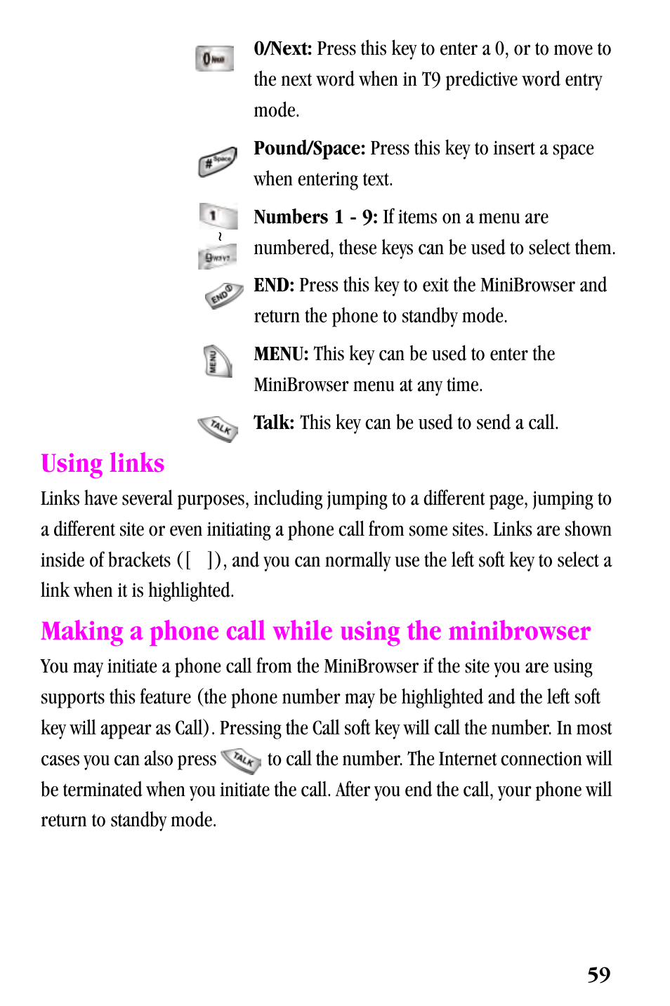 Using links, Making a phone call while using the minibrowser | Samsung SPH-a500 Series User Manual | Page 59 / 109