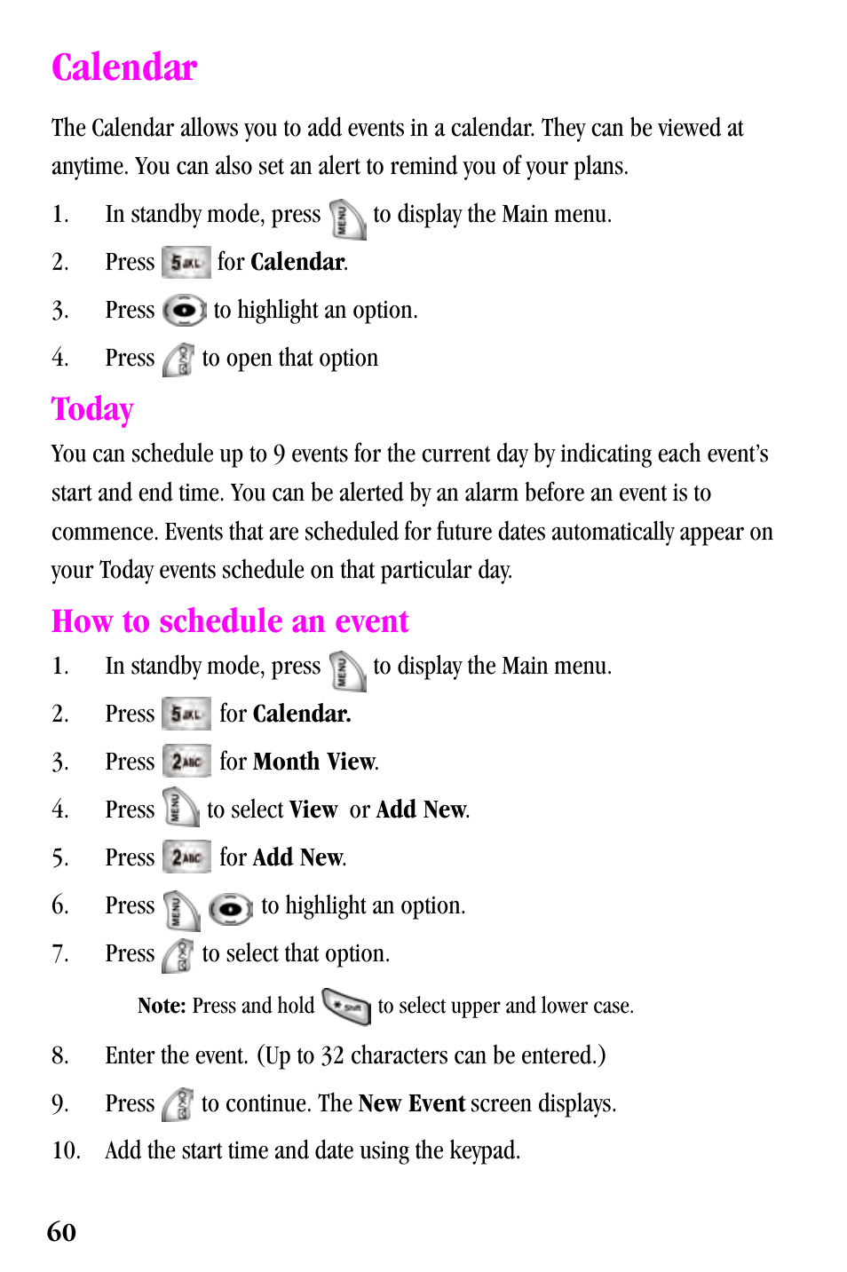 Calendar, Today, How to schedule an event | Samsung SPH-a500 Series User Manual | Page 60 / 109