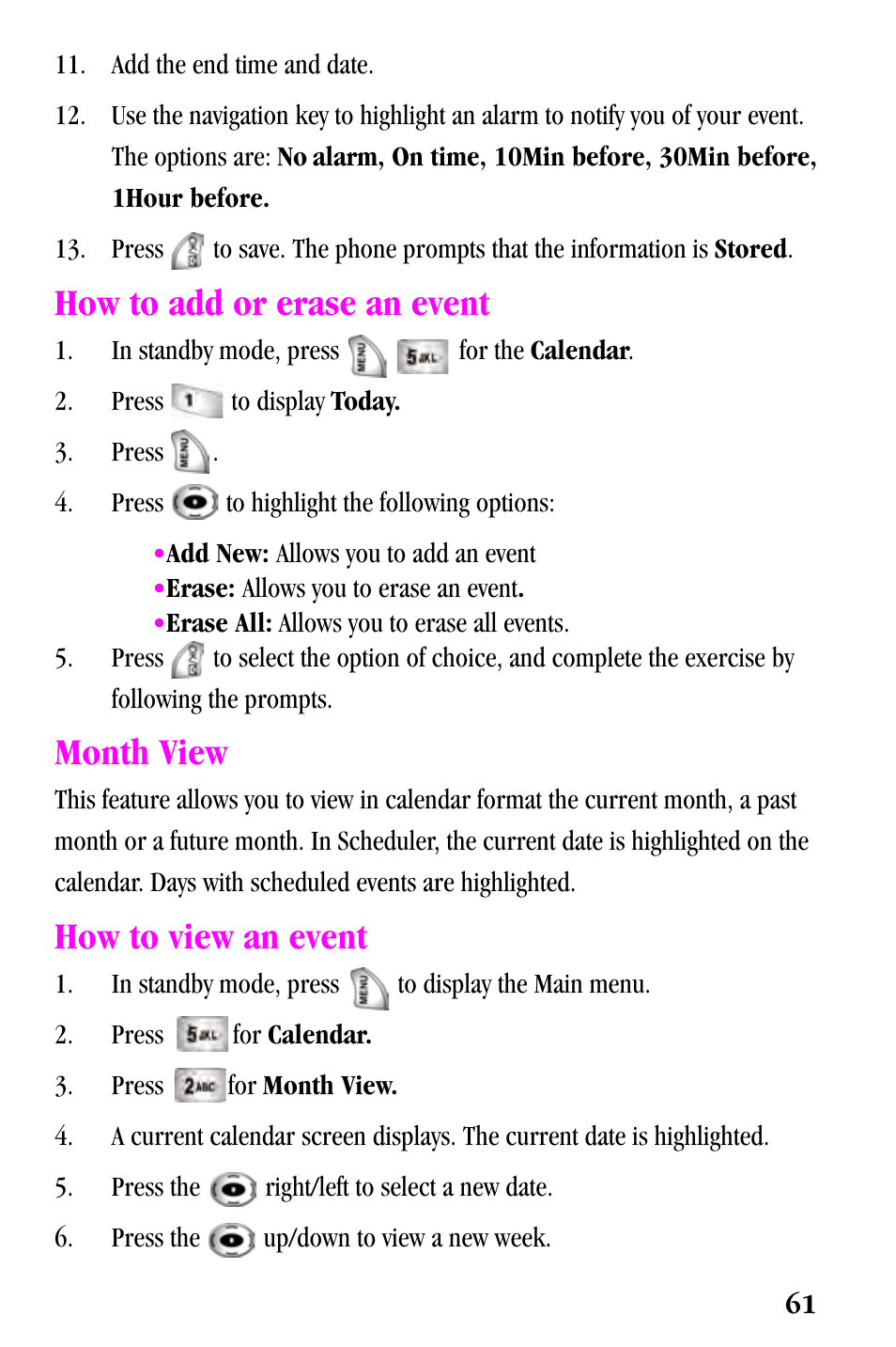 How to add or erase an event, Month view, How to view an event | Samsung SPH-a500 Series User Manual | Page 61 / 109