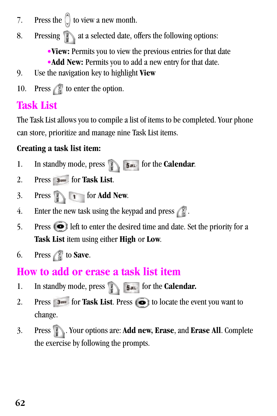 Task list, How to add or erase a task list item | Samsung SPH-a500 Series User Manual | Page 62 / 109