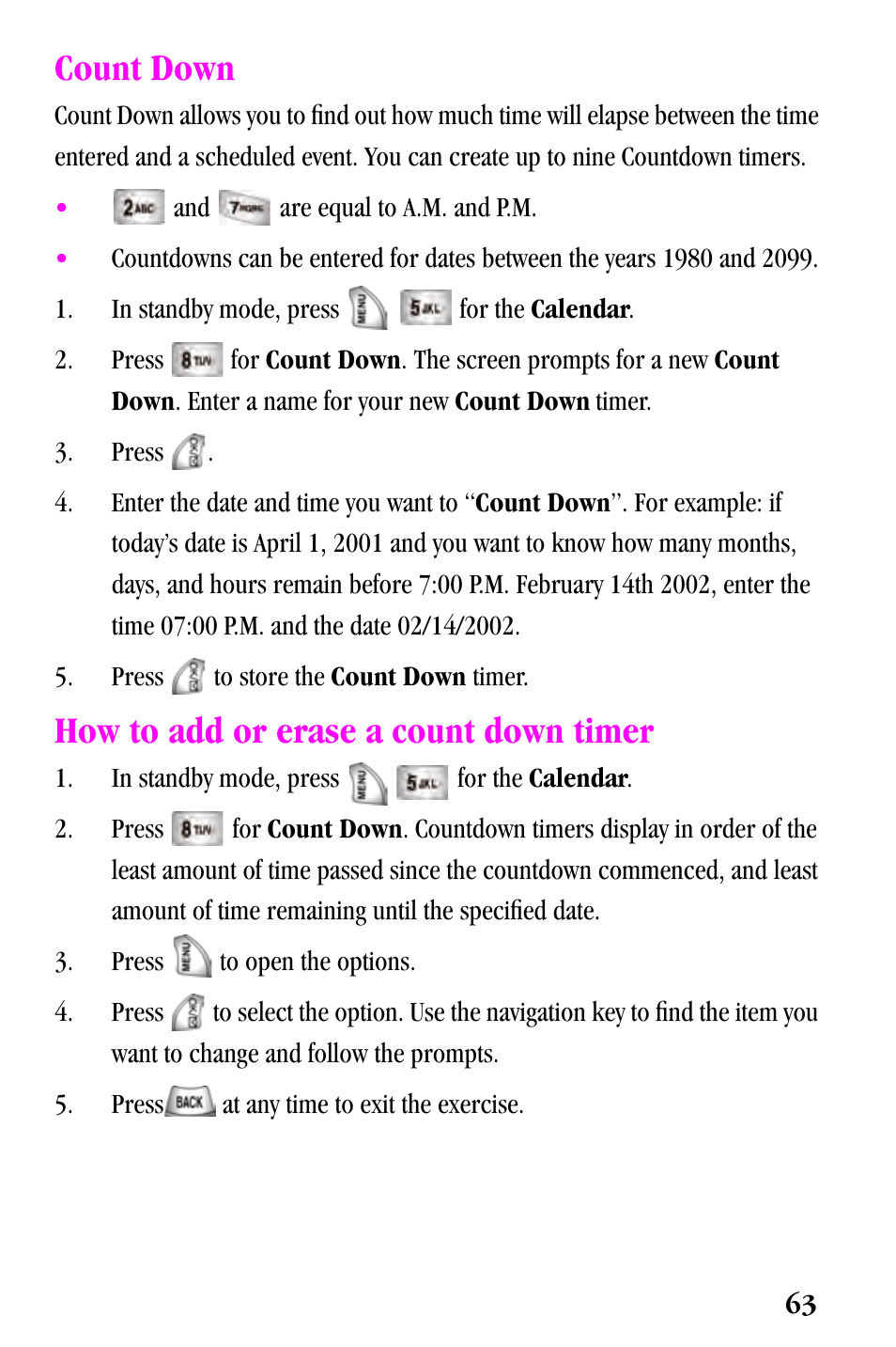 Count down, How to add or erase a count down timer | Samsung SPH-a500 Series User Manual | Page 63 / 109