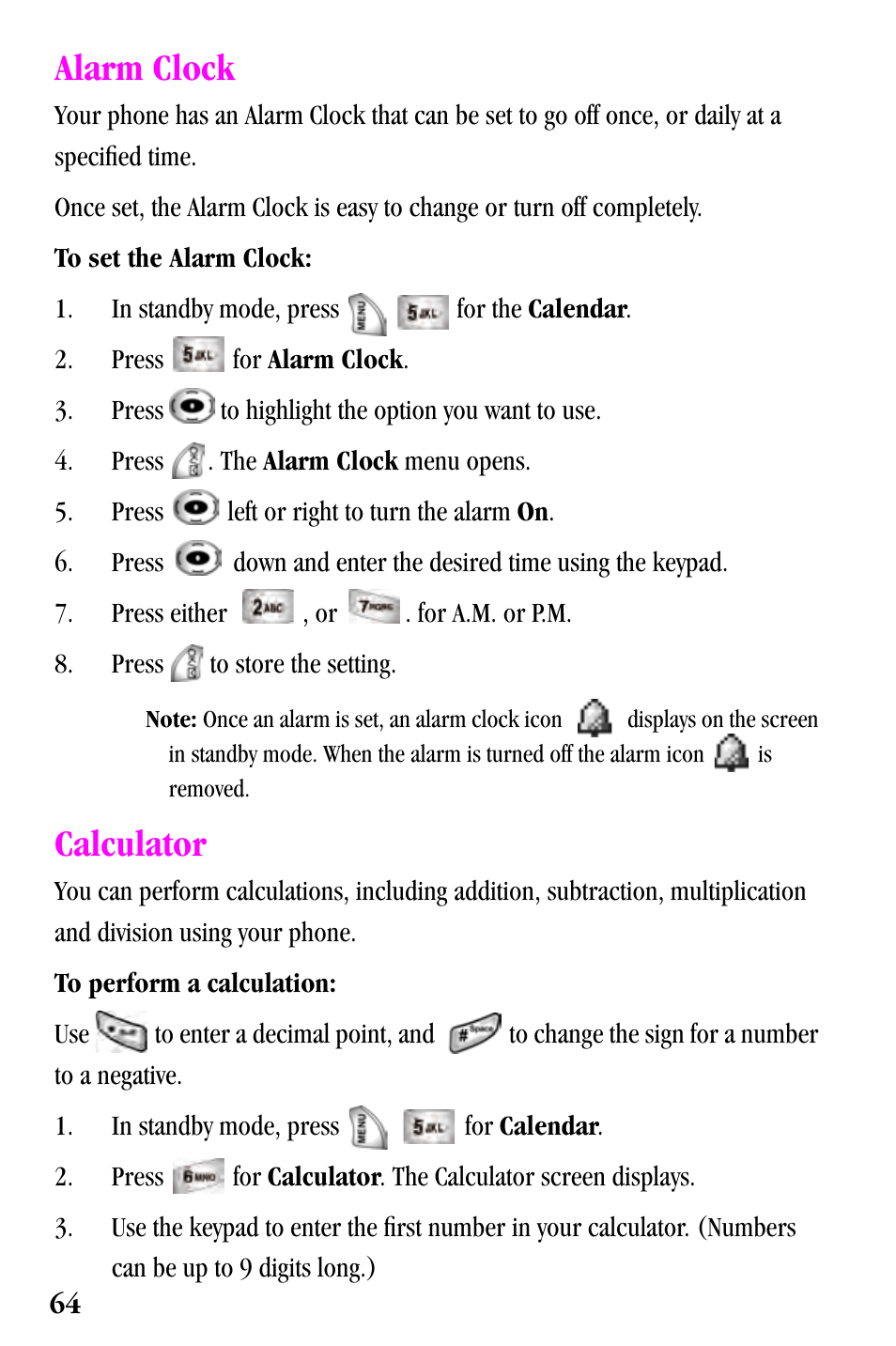 Alarm clock, Calculator | Samsung SPH-a500 Series User Manual | Page 64 / 109