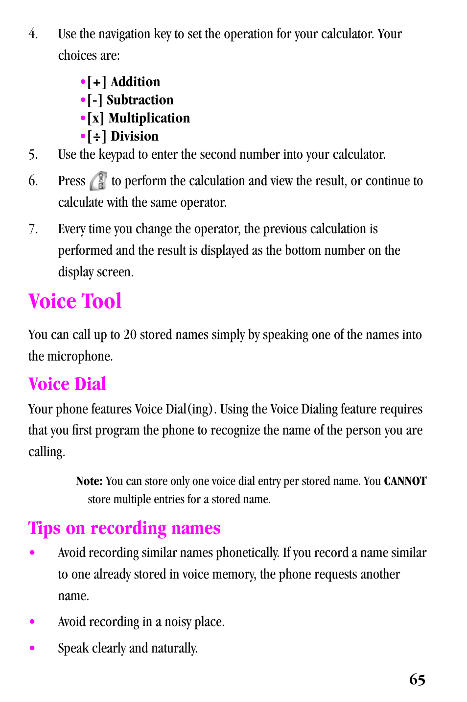 Voice tool, Voice dial, Tips on recording names | Samsung SPH-a500 Series User Manual | Page 65 / 109