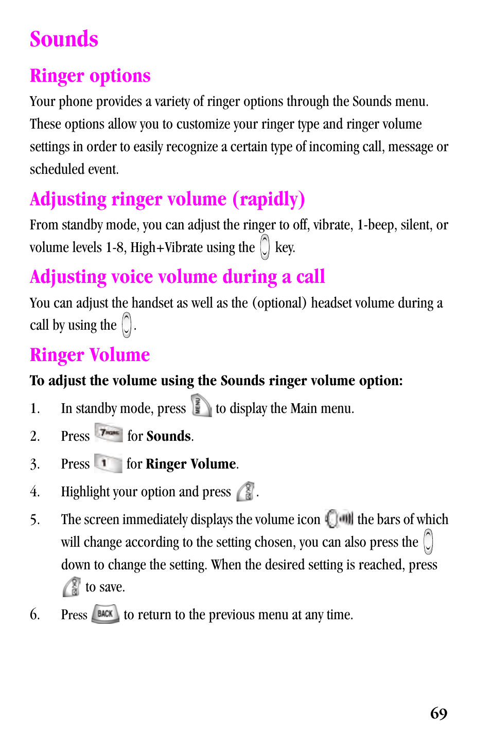 Sounds, Ringer options, Adjusting ringer volume (rapidly) | Adjusting voice volume during a call, Ringer volume | Samsung SPH-a500 Series User Manual | Page 69 / 109