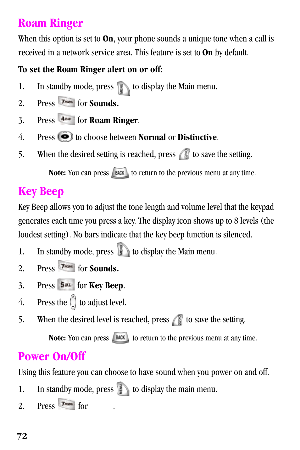 Roam ringer, Key beep, Power on/off | Samsung SPH-a500 Series User Manual | Page 72 / 109