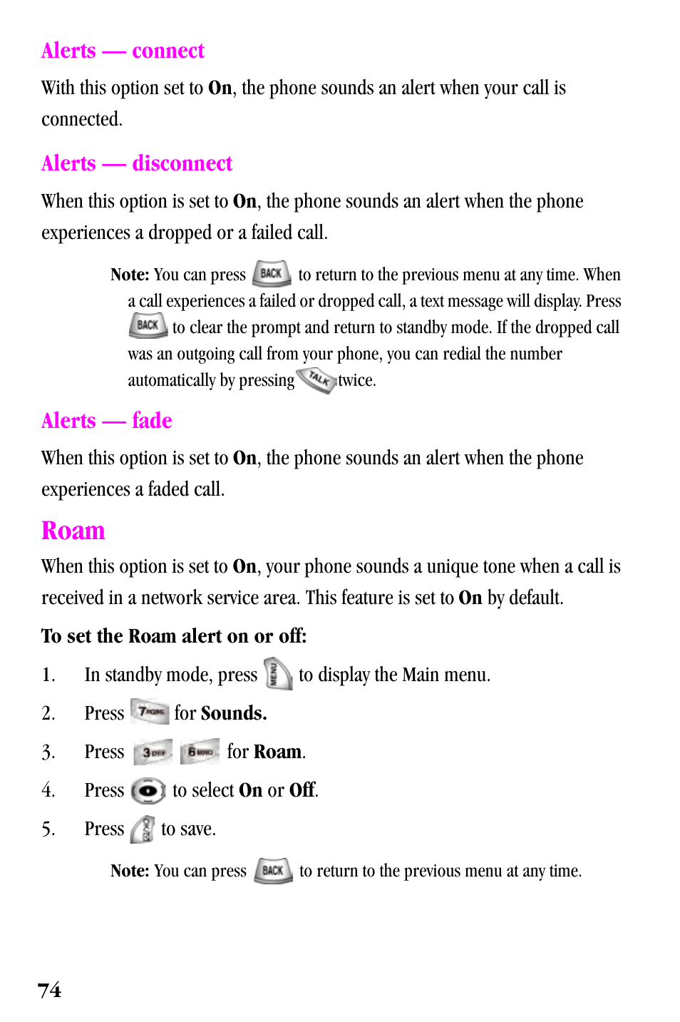 Roam, Alerts — connect, Alerts — disconnect | Alerts — fade | Samsung SPH-a500 Series User Manual | Page 74 / 109