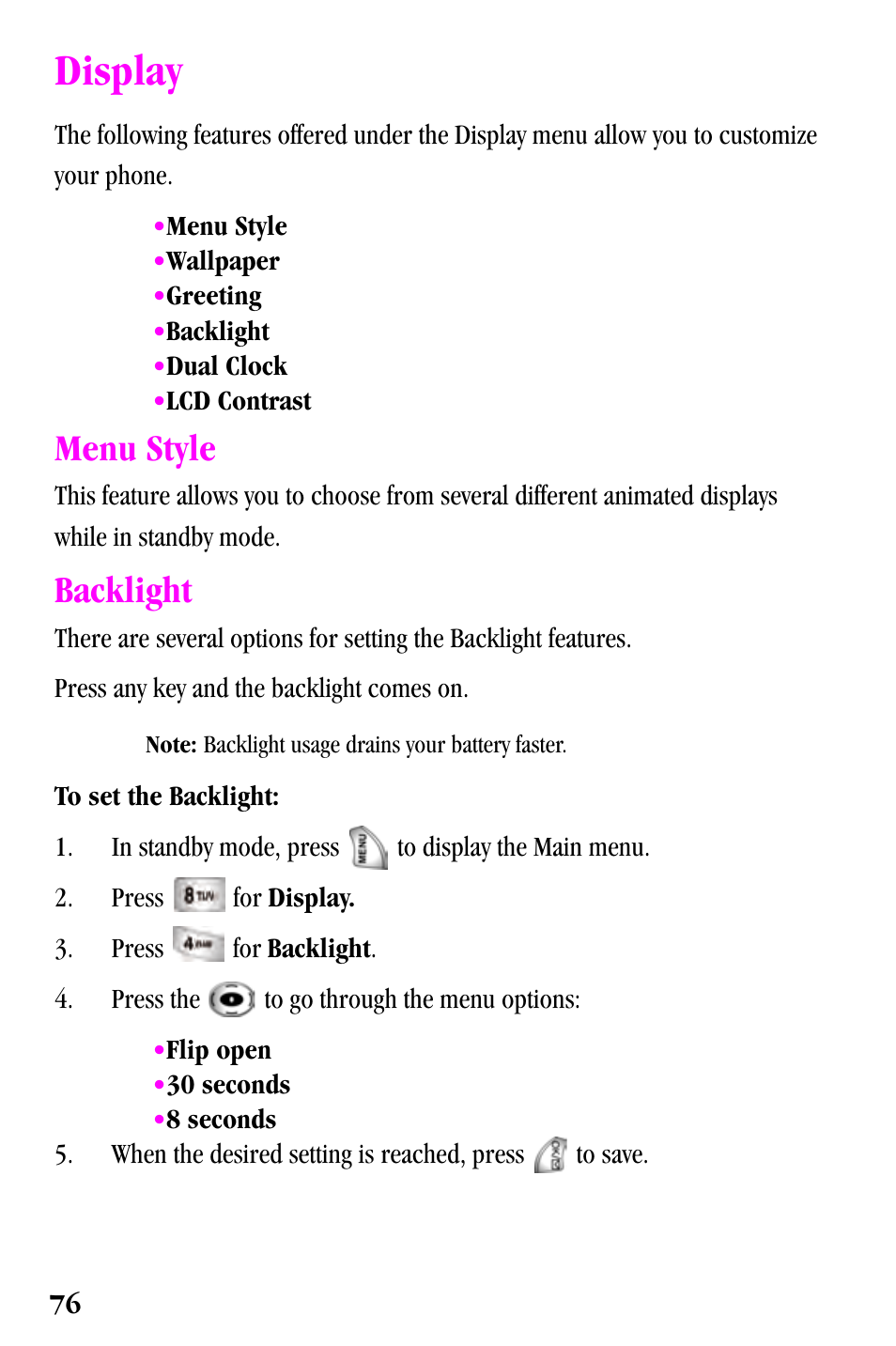 Display, Menu style, Backlight | Samsung SPH-a500 Series User Manual | Page 76 / 109
