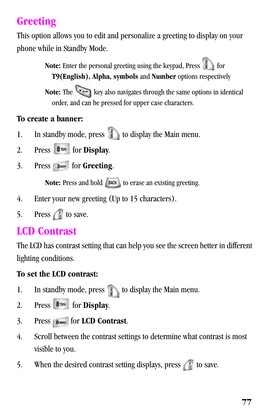 Greeting, Lcd contrast | Samsung SPH-a500 Series User Manual | Page 77 / 109