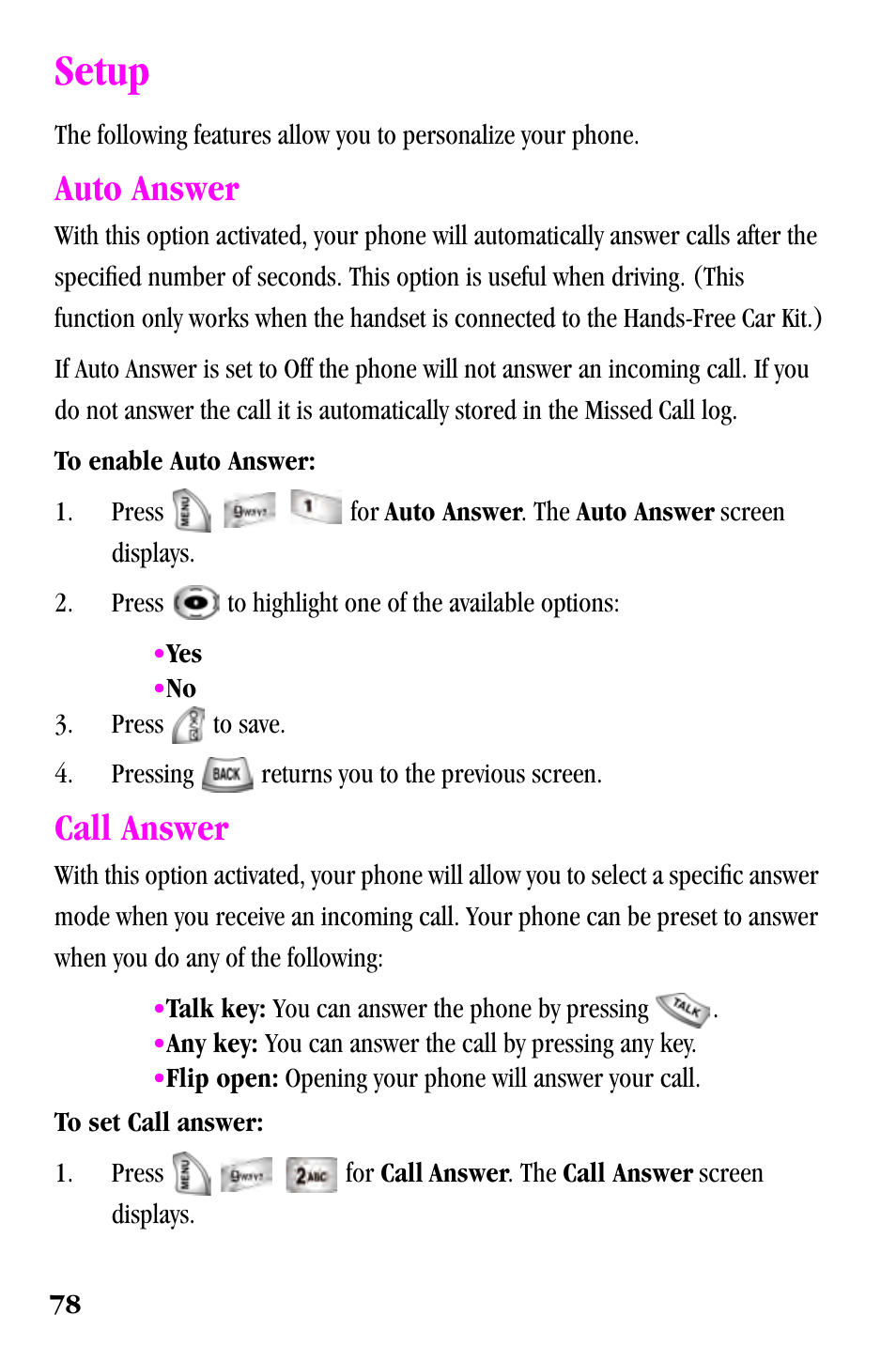 Setup, Auto answer, Call answer | Samsung SPH-a500 Series User Manual | Page 78 / 109