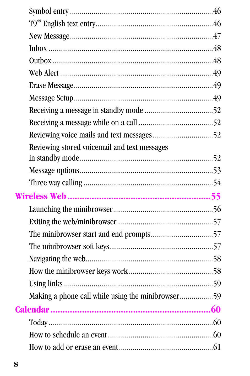 Wireless web, Calendar | Samsung SPH-a500 Series User Manual | Page 8 / 109