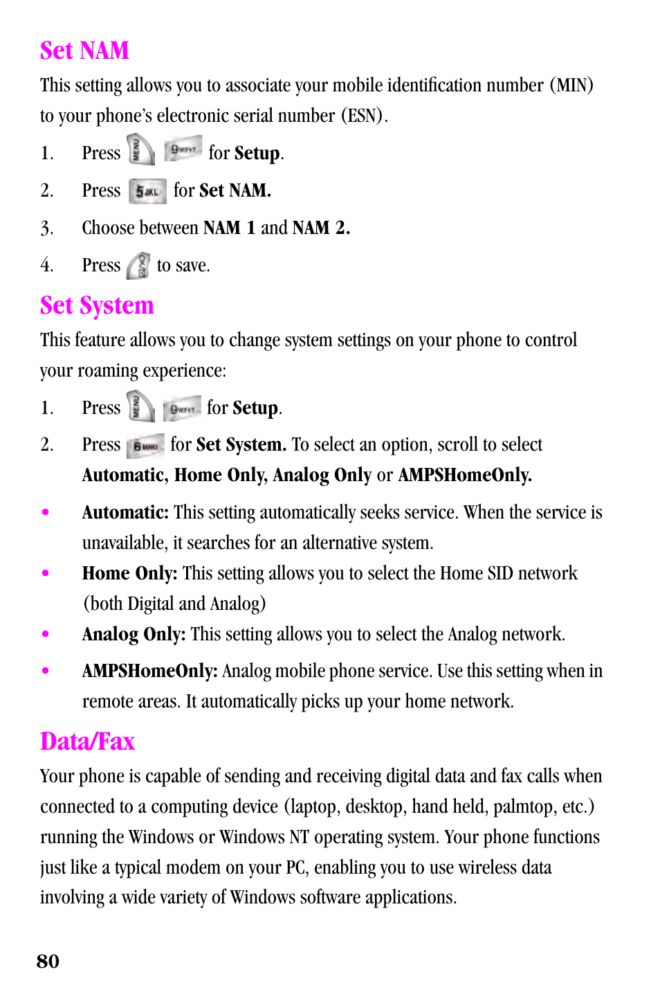 Set nam, Set system, Data/fax | Samsung SPH-a500 Series User Manual | Page 80 / 109