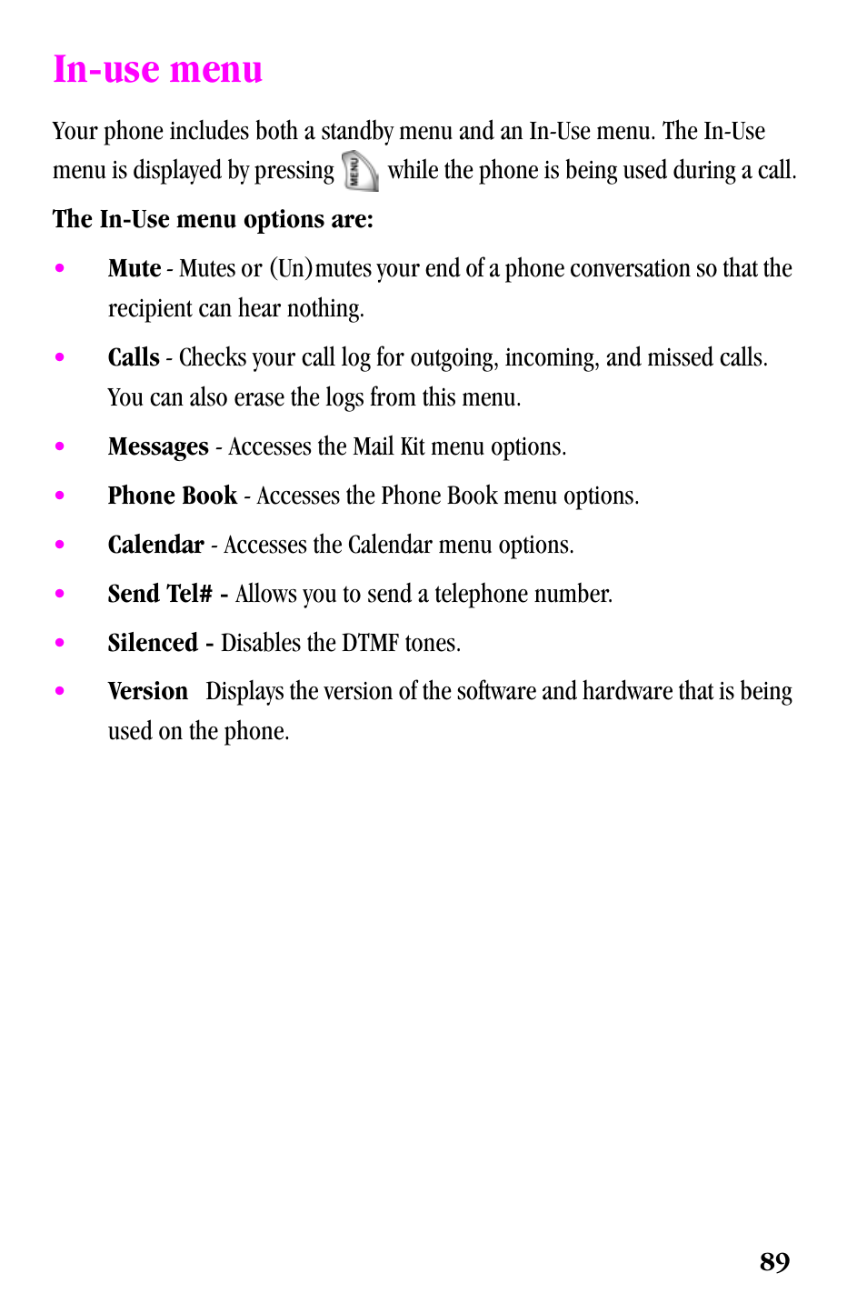 In-use menu | Samsung SPH-a500 Series User Manual | Page 89 / 109