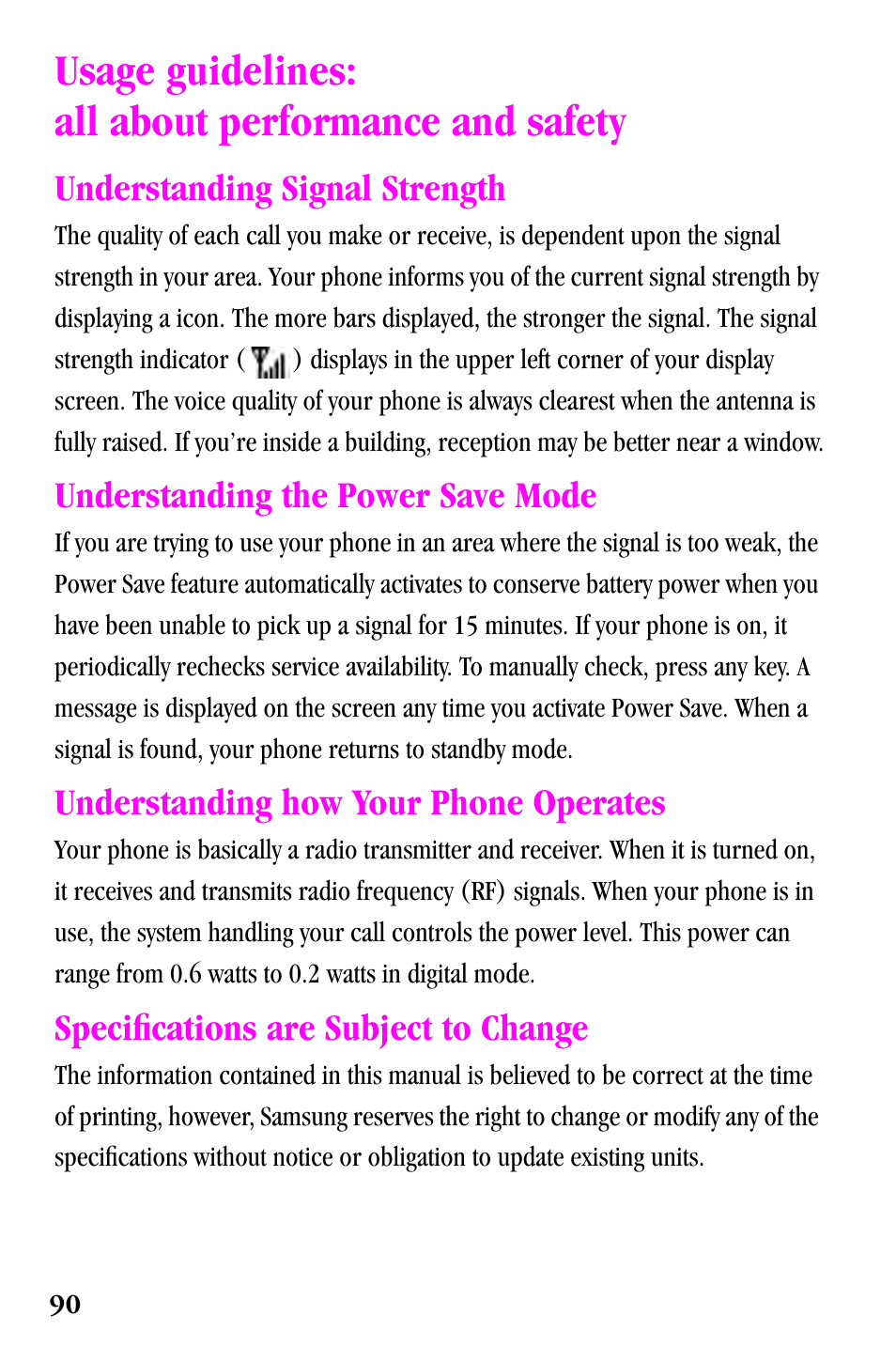 Usage guidelines: all about performance and safety, Understanding signal strength, Understanding the power save mode | Understanding how your phone operates, Specifications are subject to change | Samsung SPH-a500 Series User Manual | Page 90 / 109