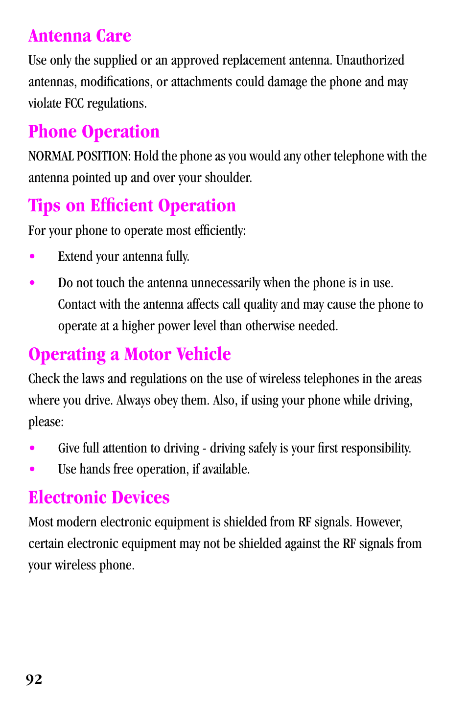 Antenna care, Phone operation, Tips on efficient operation | Operating a motor vehicle, Electronic devices | Samsung SPH-a500 Series User Manual | Page 92 / 109