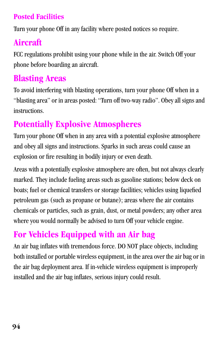 Aircraft, Blasting areas, Potentially explosive atmospheres | For vehicles equipped with an air bag | Samsung SPH-a500 Series User Manual | Page 94 / 109