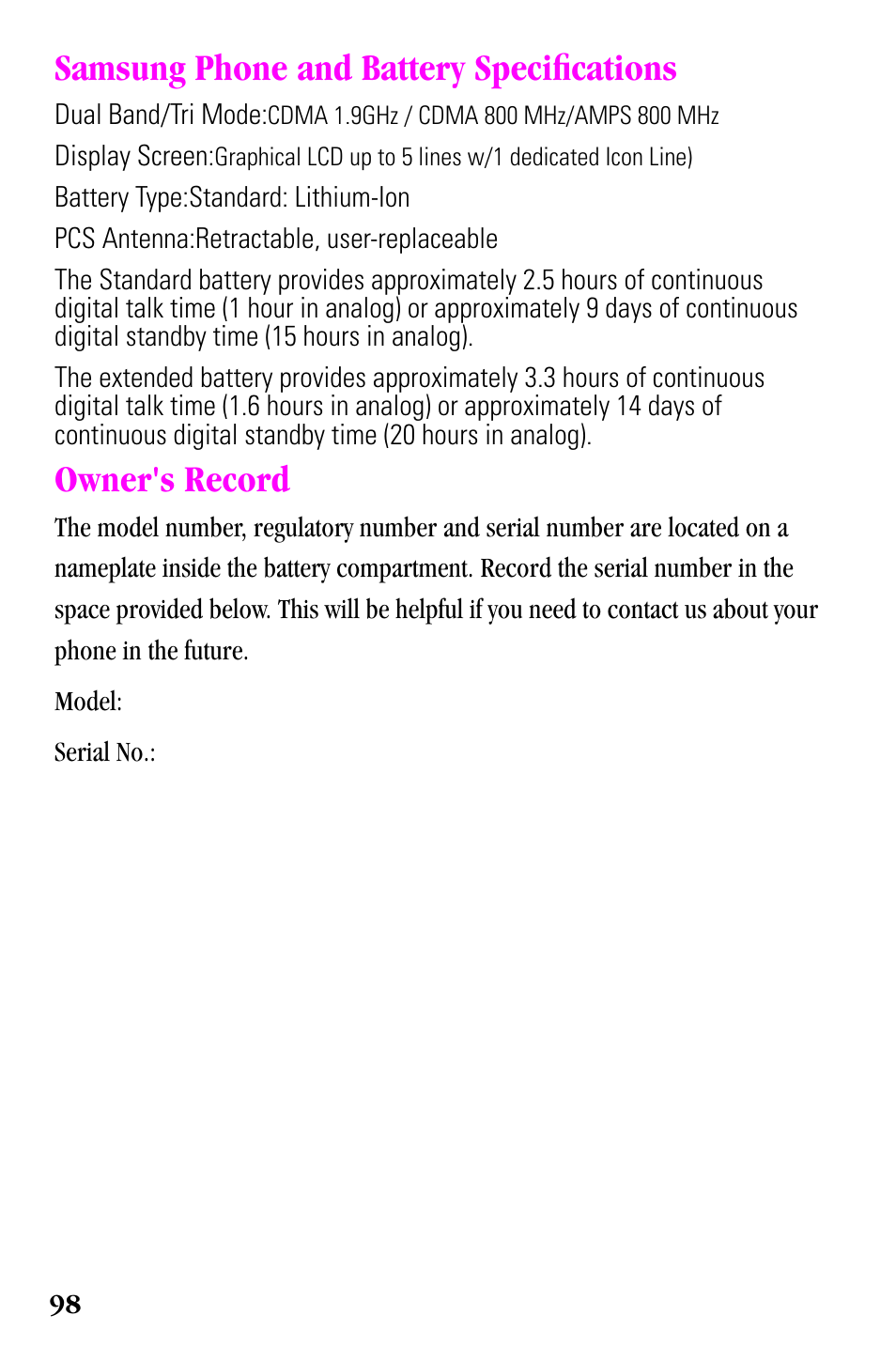 Samsung phone and battery specifications, Owner's record | Samsung SPH-a500 Series User Manual | Page 98 / 109