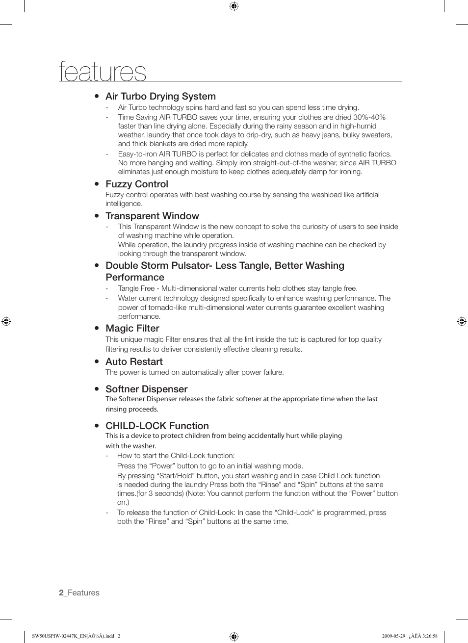 Features | Samsung SW50USP User Manual | Page 2 / 24