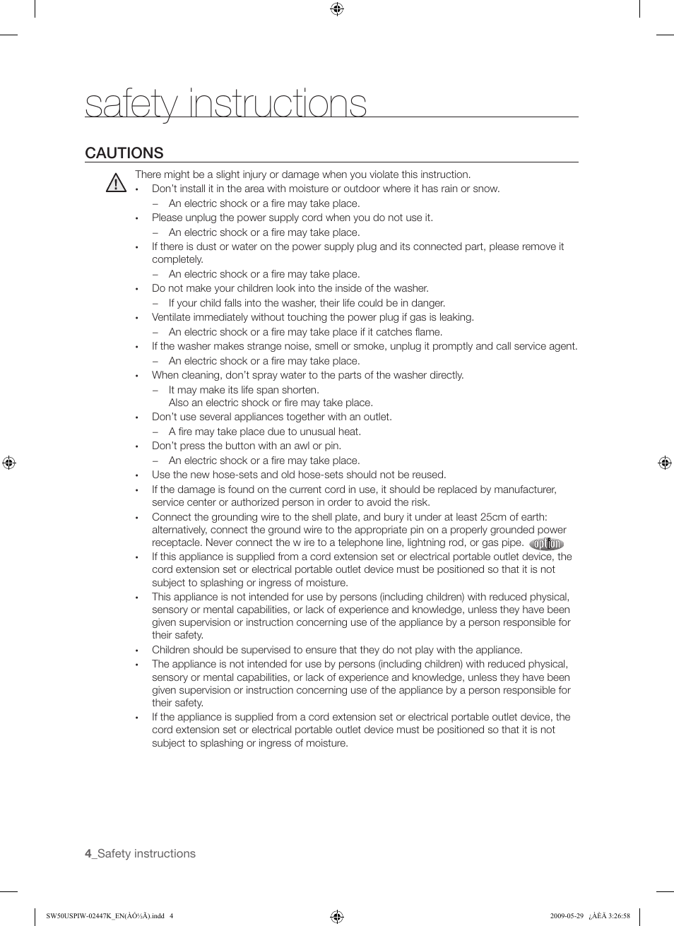 Safety instructions, Cautions | Samsung SW50USP User Manual | Page 4 / 24