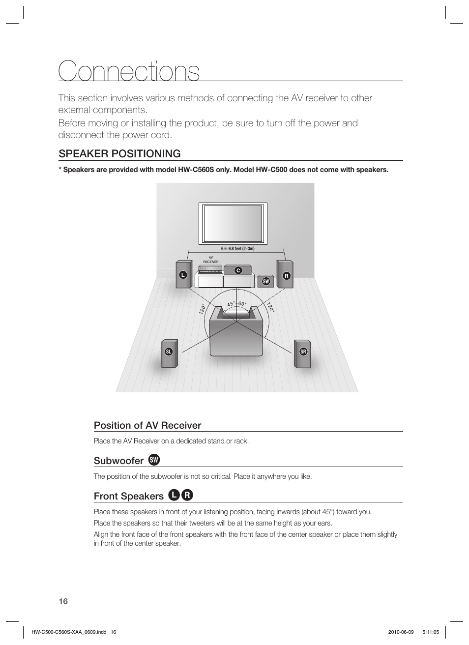 Connections, Speaker positioning, Position of av receiver | Subwoofer, Front speakers | Samsung HW-C560S User Manual | Page 16 / 59