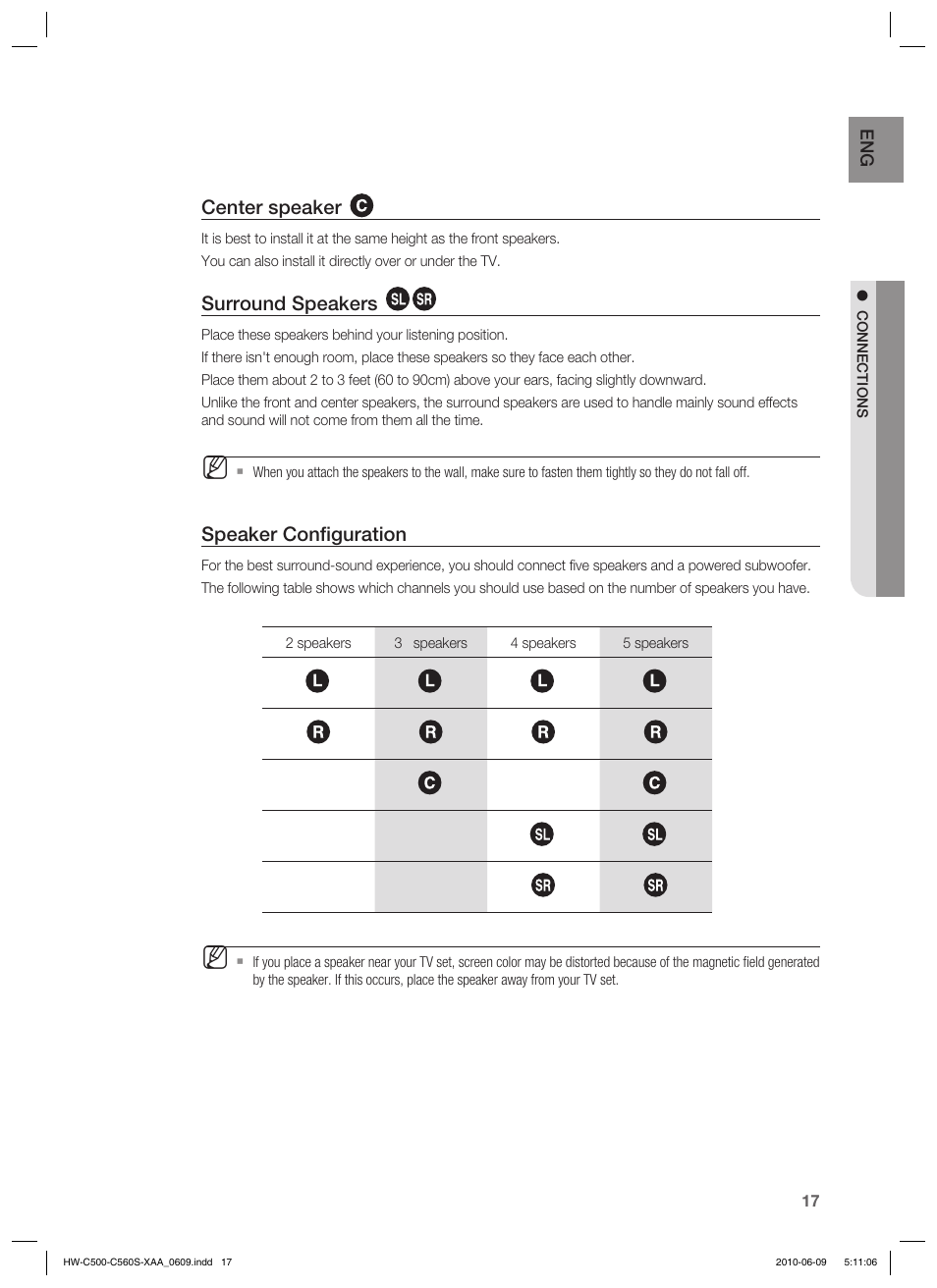 Center speaker, Surround speakers, Speaker conﬁ guration | Samsung HW-C560S User Manual | Page 17 / 59