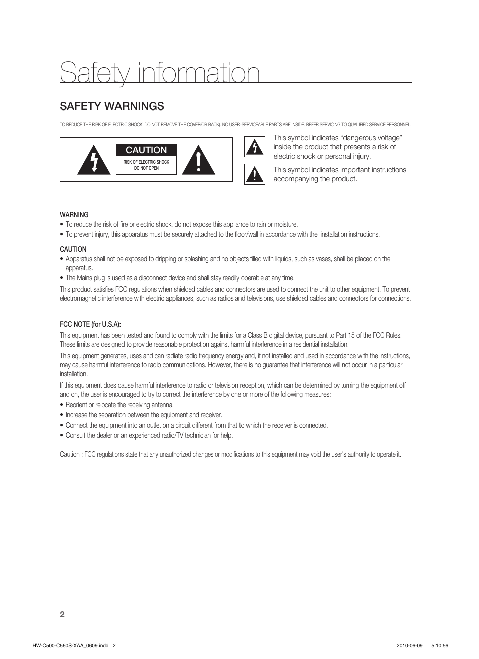 Safety information, Safety warnings | Samsung HW-C560S User Manual | Page 2 / 59