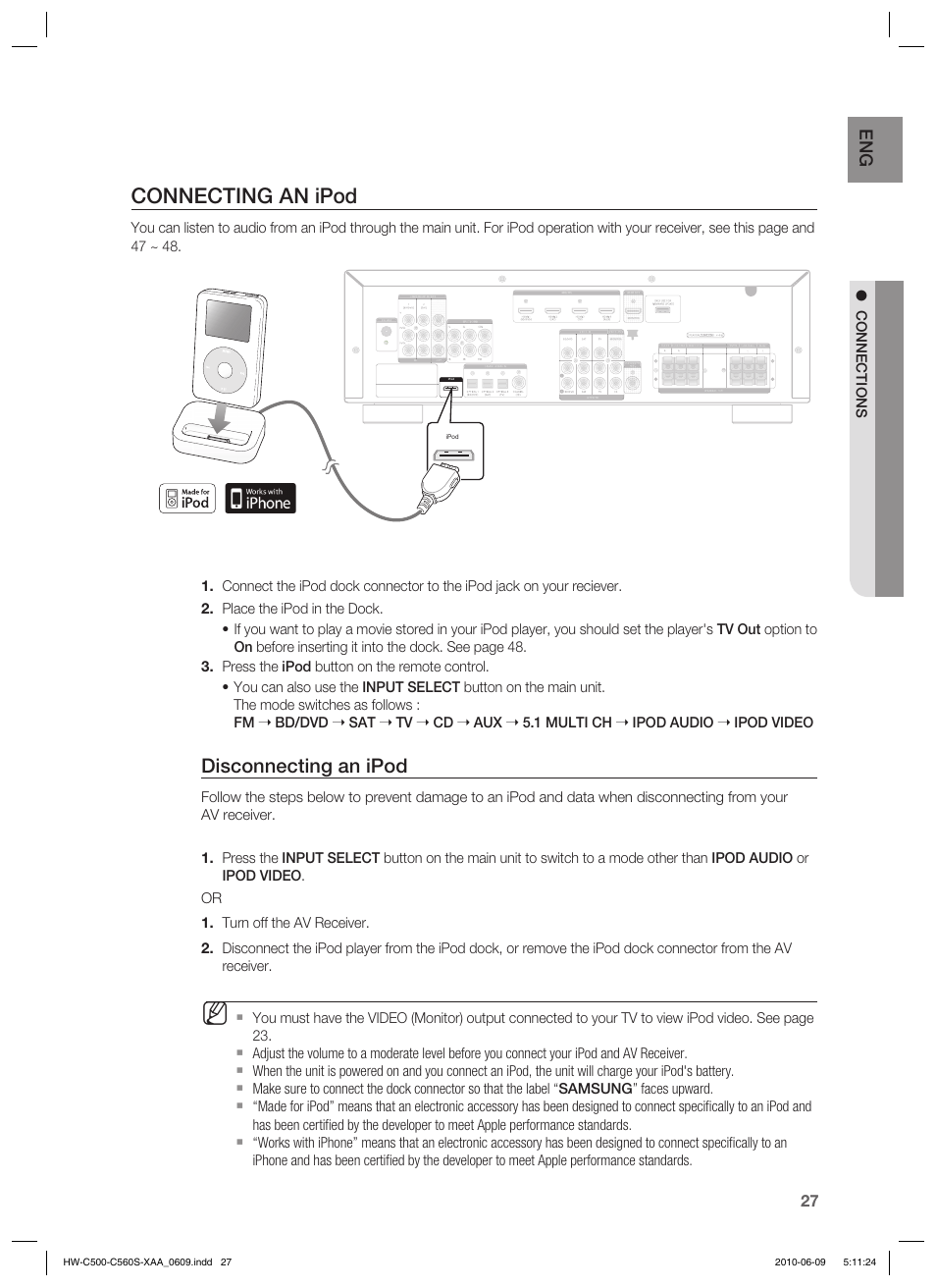 Connecting an ipod, Disconnecting an ipod | Samsung HW-C560S User Manual | Page 27 / 59