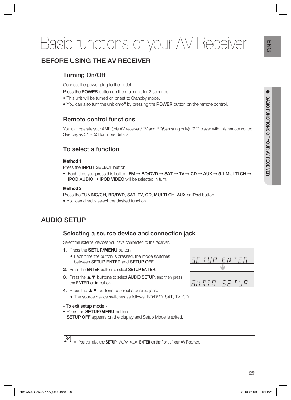 Basic functions of your av receiver, Before using the av receiver, Audio setup | Samsung HW-C560S User Manual | Page 29 / 59