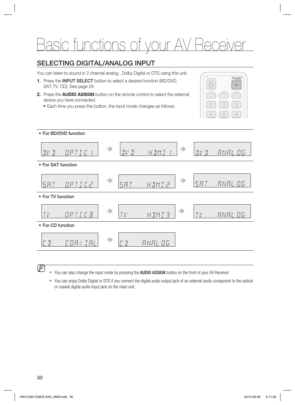 Basic functions of your av receiver, Selecting digital/analog input | Samsung HW-C560S User Manual | Page 30 / 59