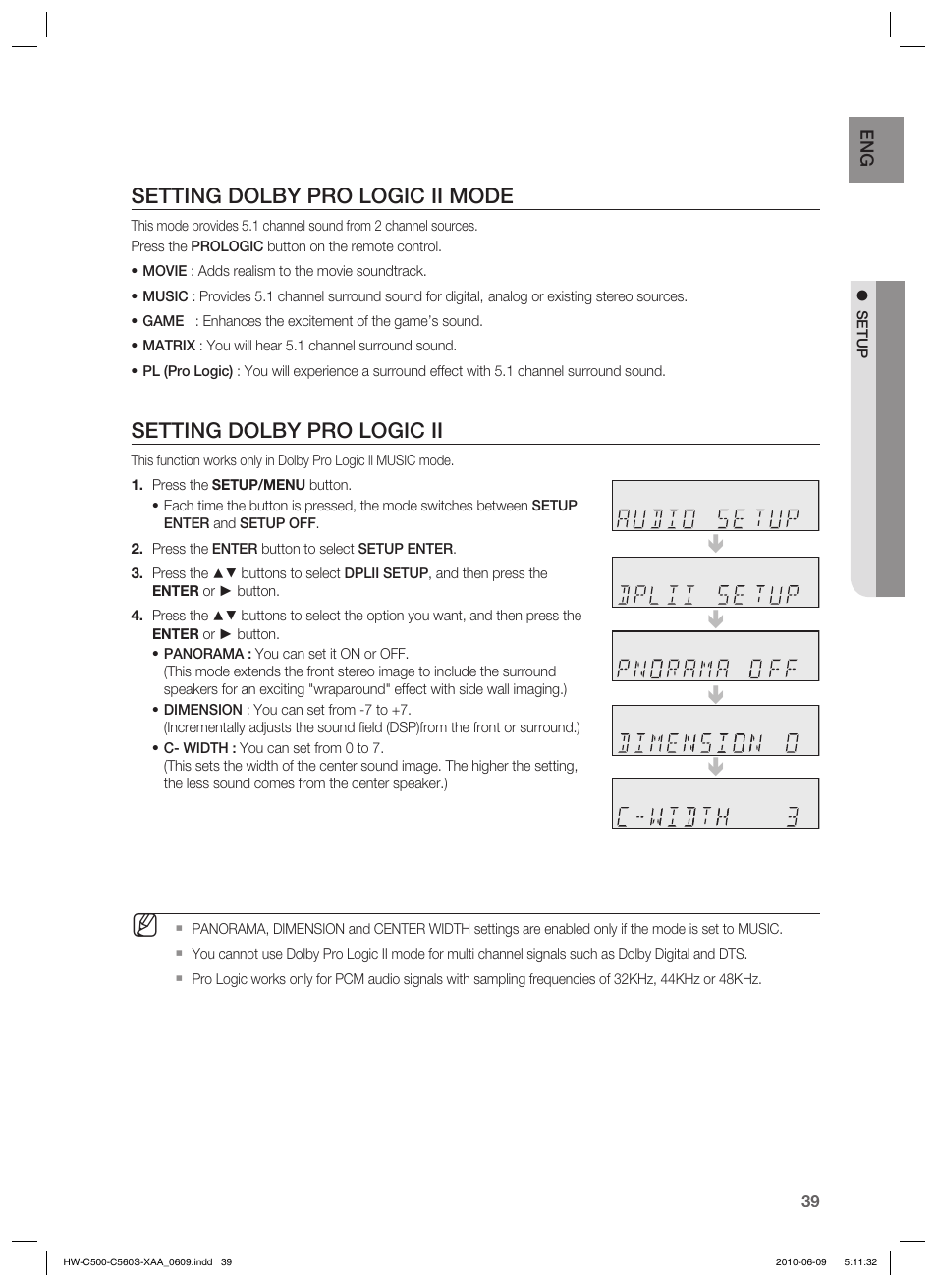 Setting dolby pro logic ii mode, Setting dolby pro logic ii | Samsung HW-C560S User Manual | Page 39 / 59