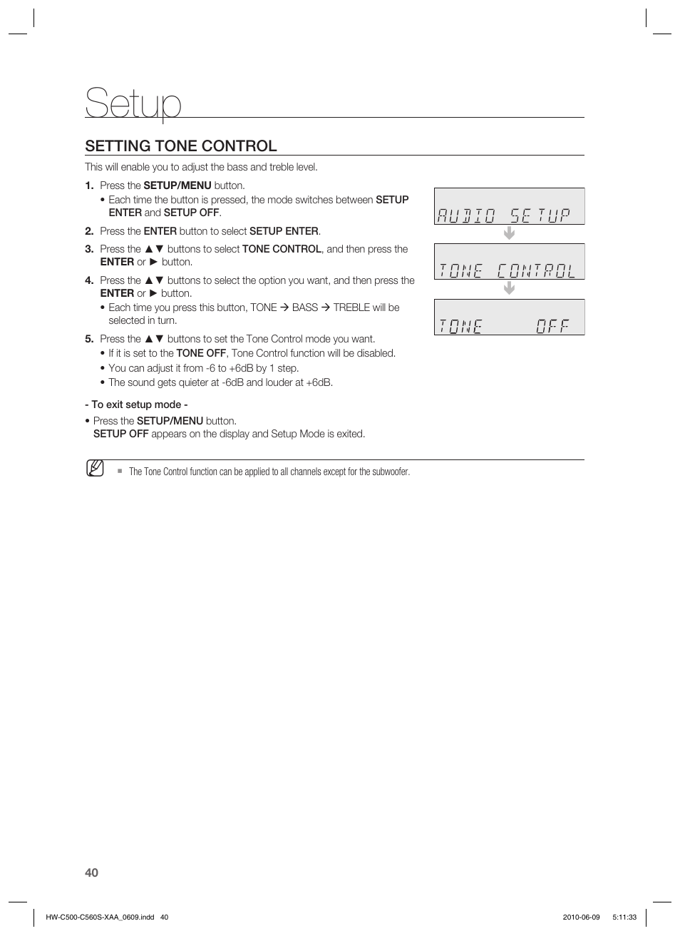 Setup, Setting tone control | Samsung HW-C560S User Manual | Page 40 / 59