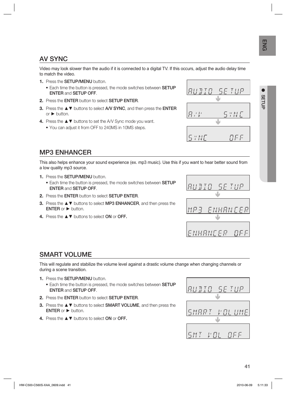 Av sync, Mp3 enhancer, Smart volume | Samsung HW-C560S User Manual | Page 41 / 59