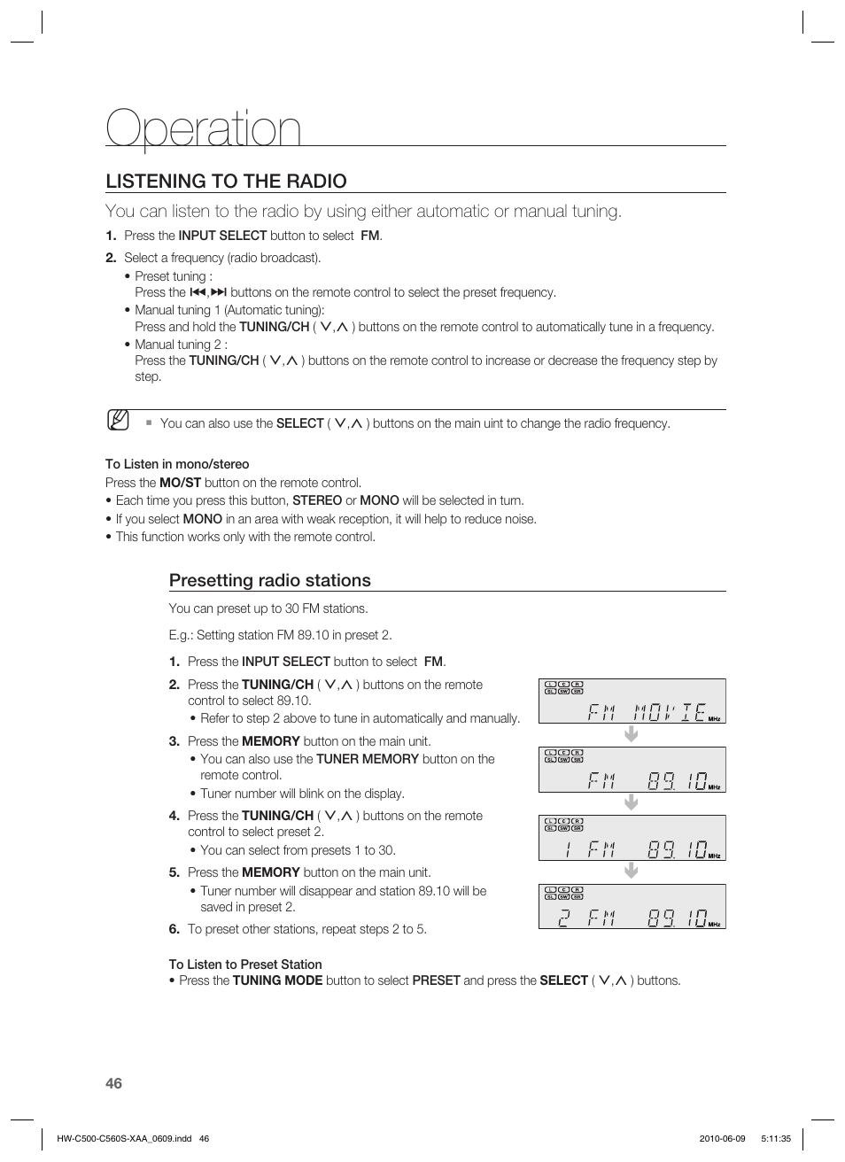 Operation, Listening to the radio, Presetting radio stations | Samsung HW-C560S User Manual | Page 46 / 59